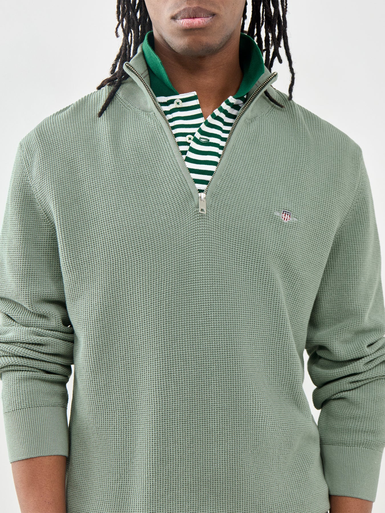 Micro Textured Cotton Half Zip Jumper Green
