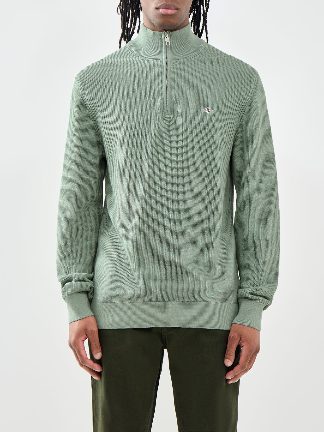 Micro Textured Cotton Half Zip Jumper Green