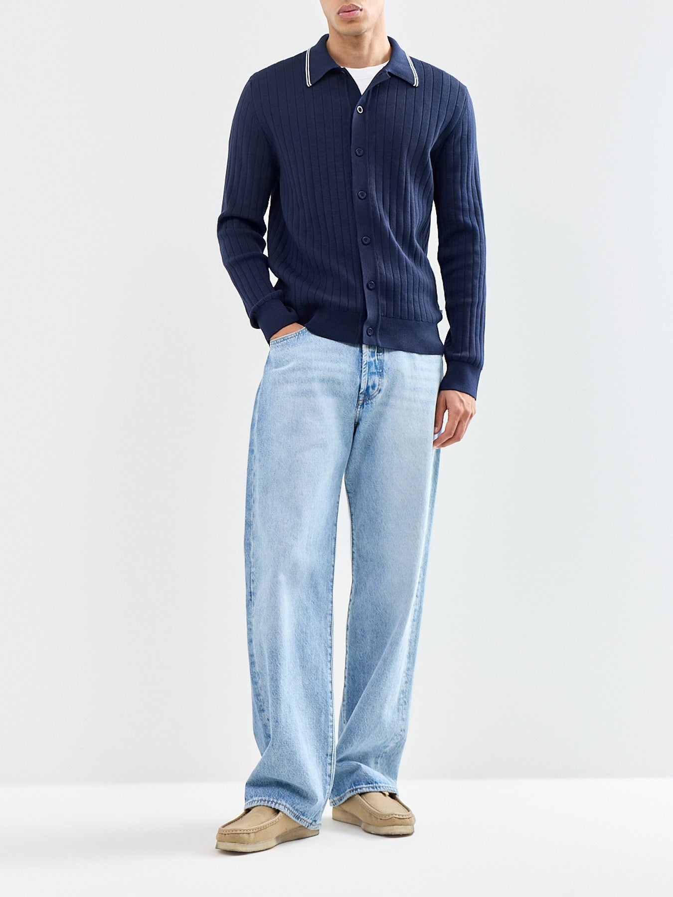 Cotton Rib Polo Cardigan Navy