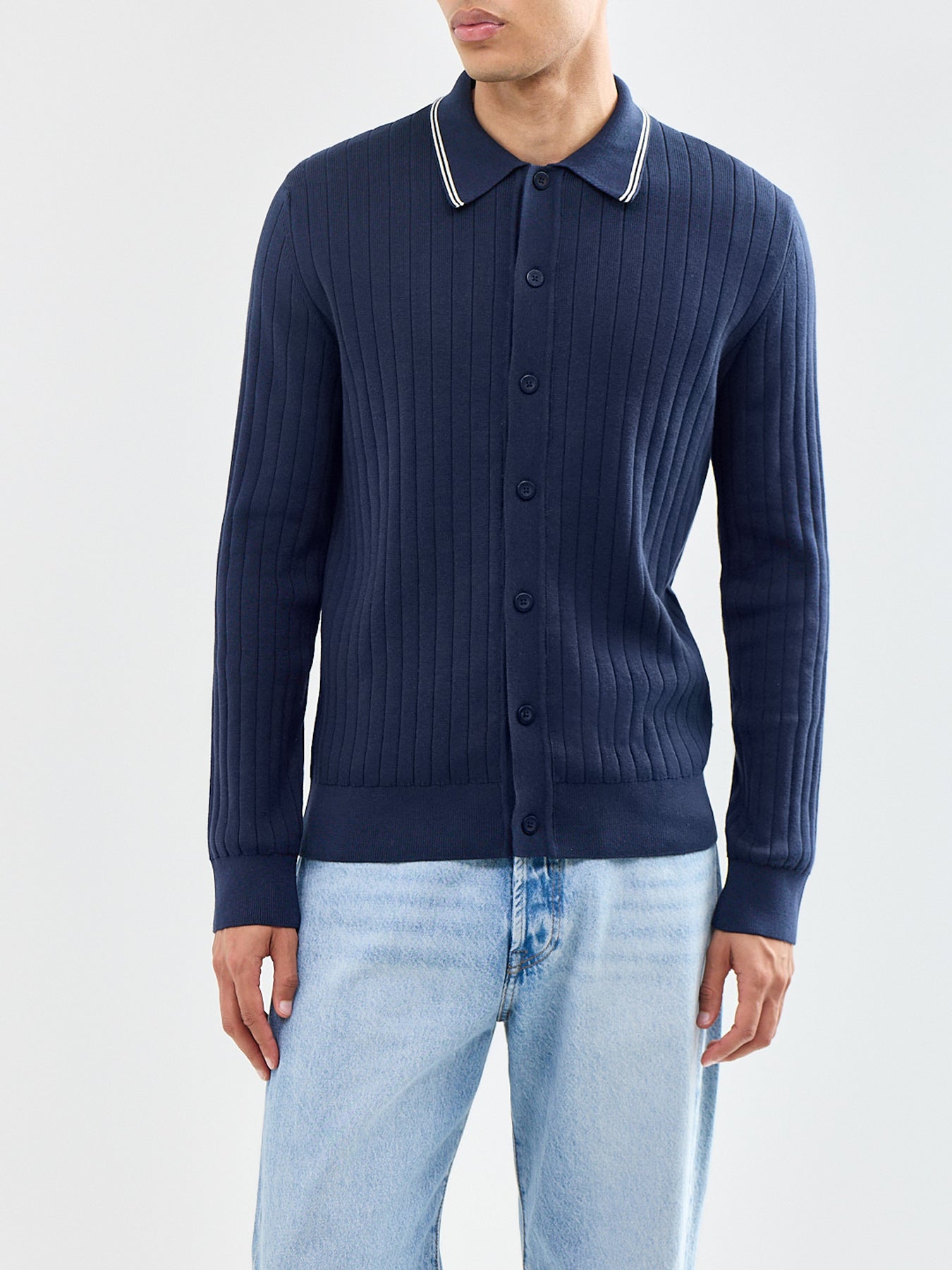 Cotton Rib Polo Cardigan Navy