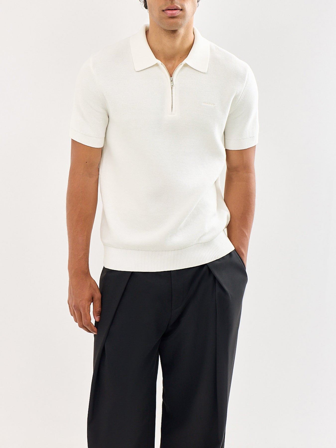 Cotton Rib Half Zip Polo Shirt White