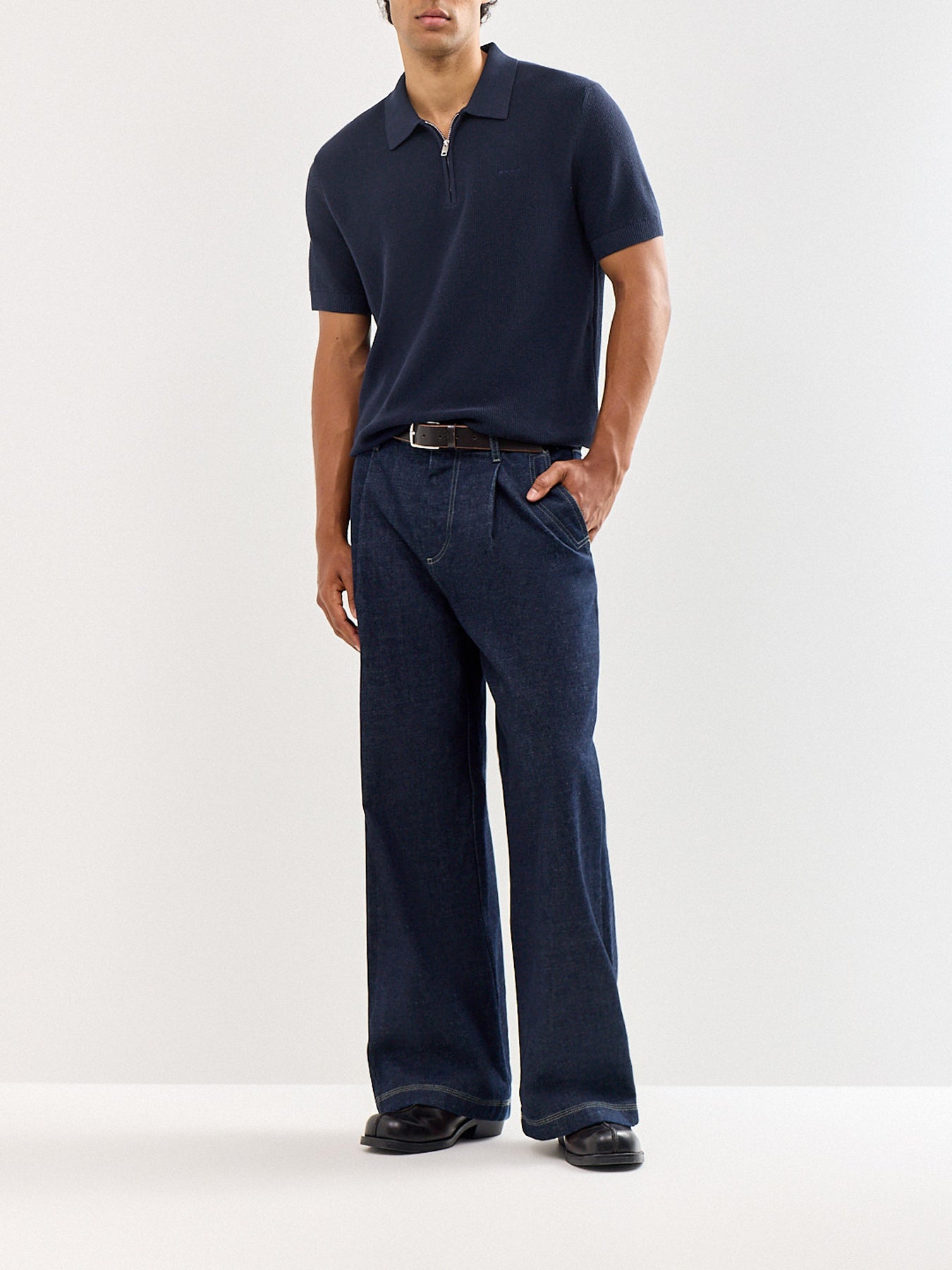 Cotton Rib Half Zip Polo Shirt Navy