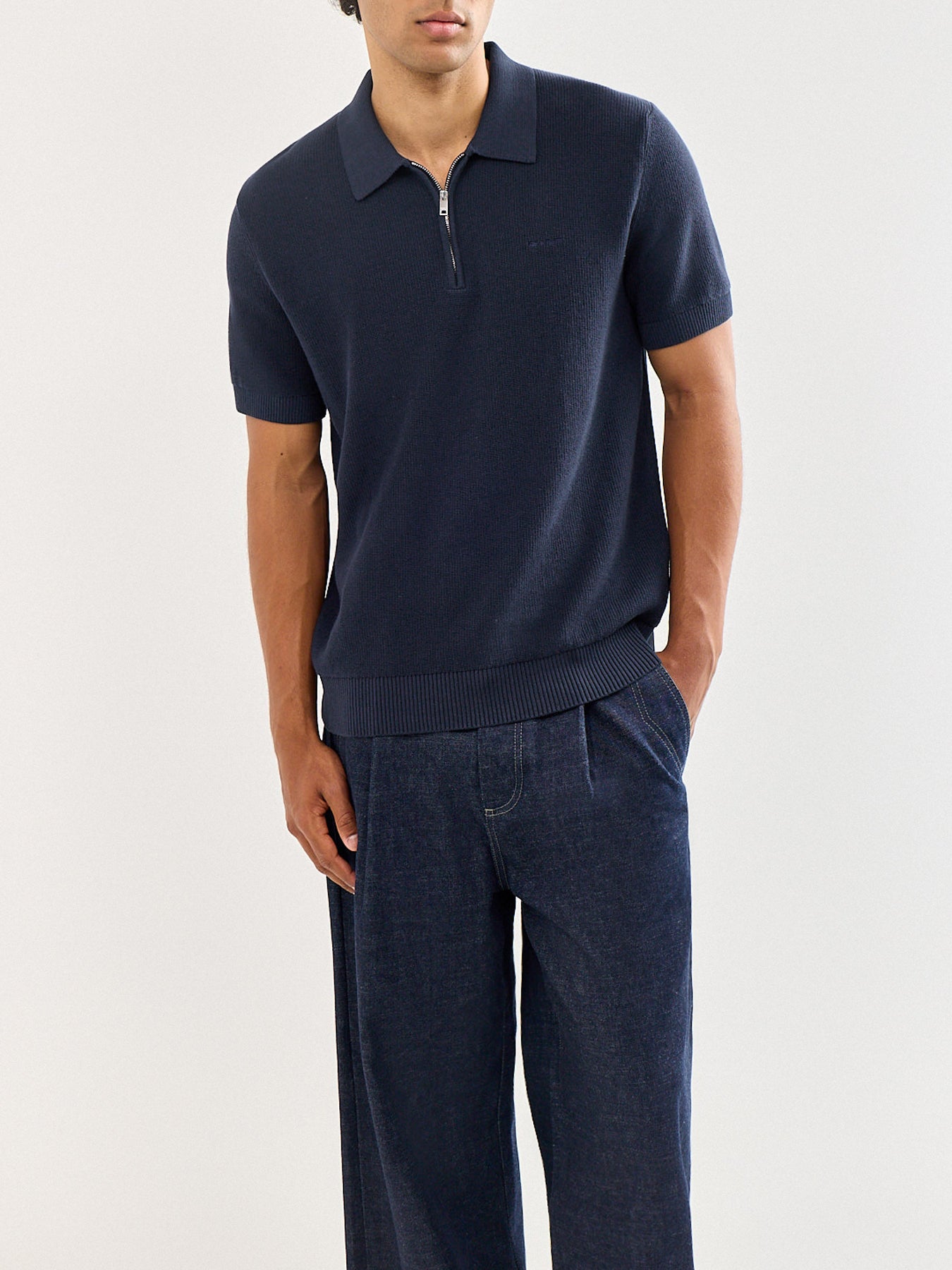 Cotton Rib Half Zip Polo Shirt Navy