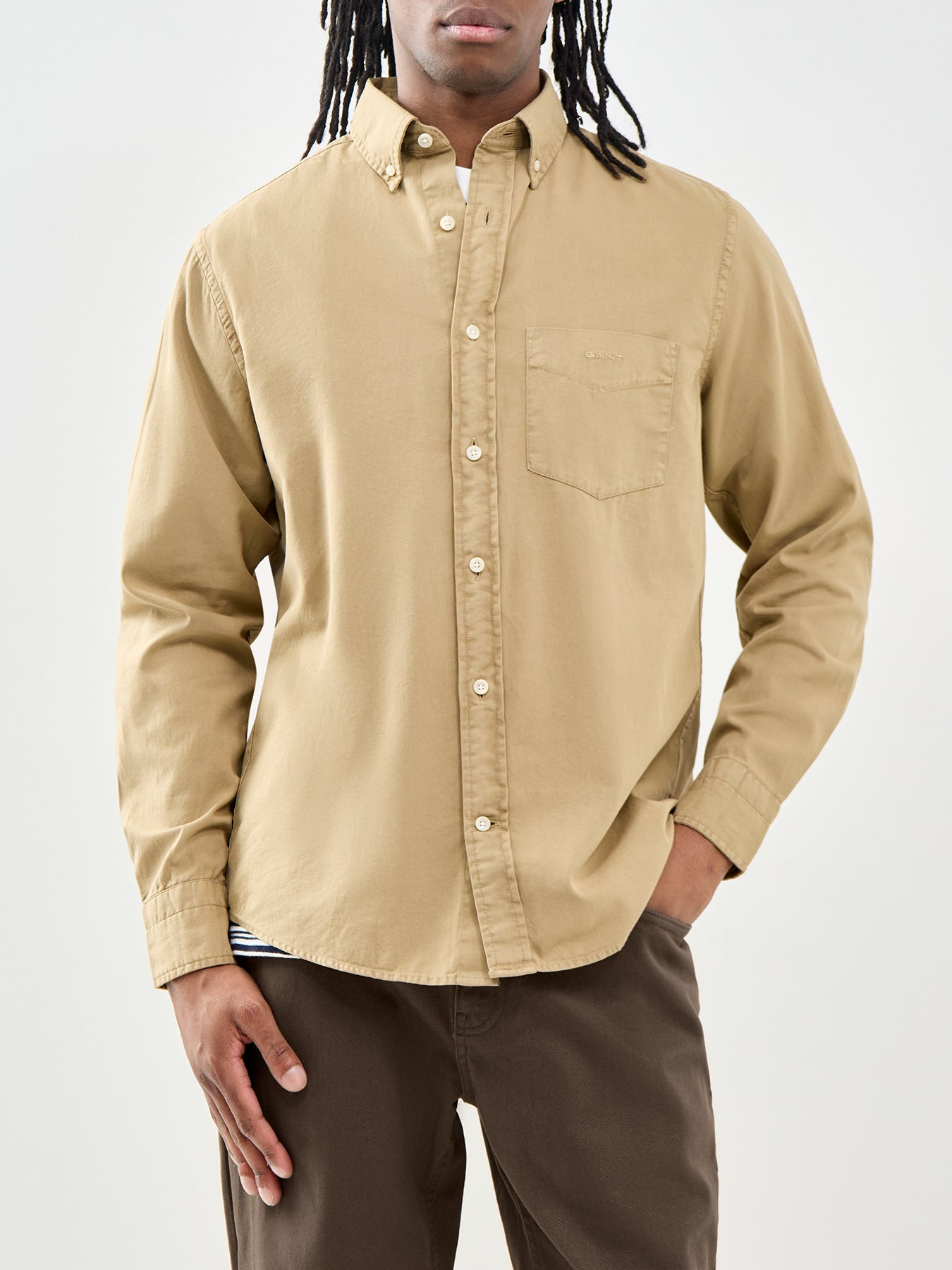 Garment Dyed Twill Long Sleeve Shirt Beige
