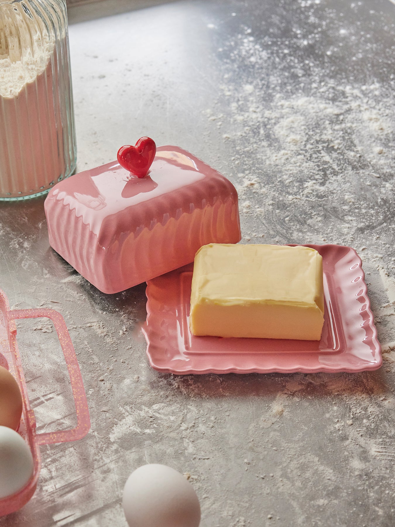 Ceramic Butter Dish with Red Heart Pink
