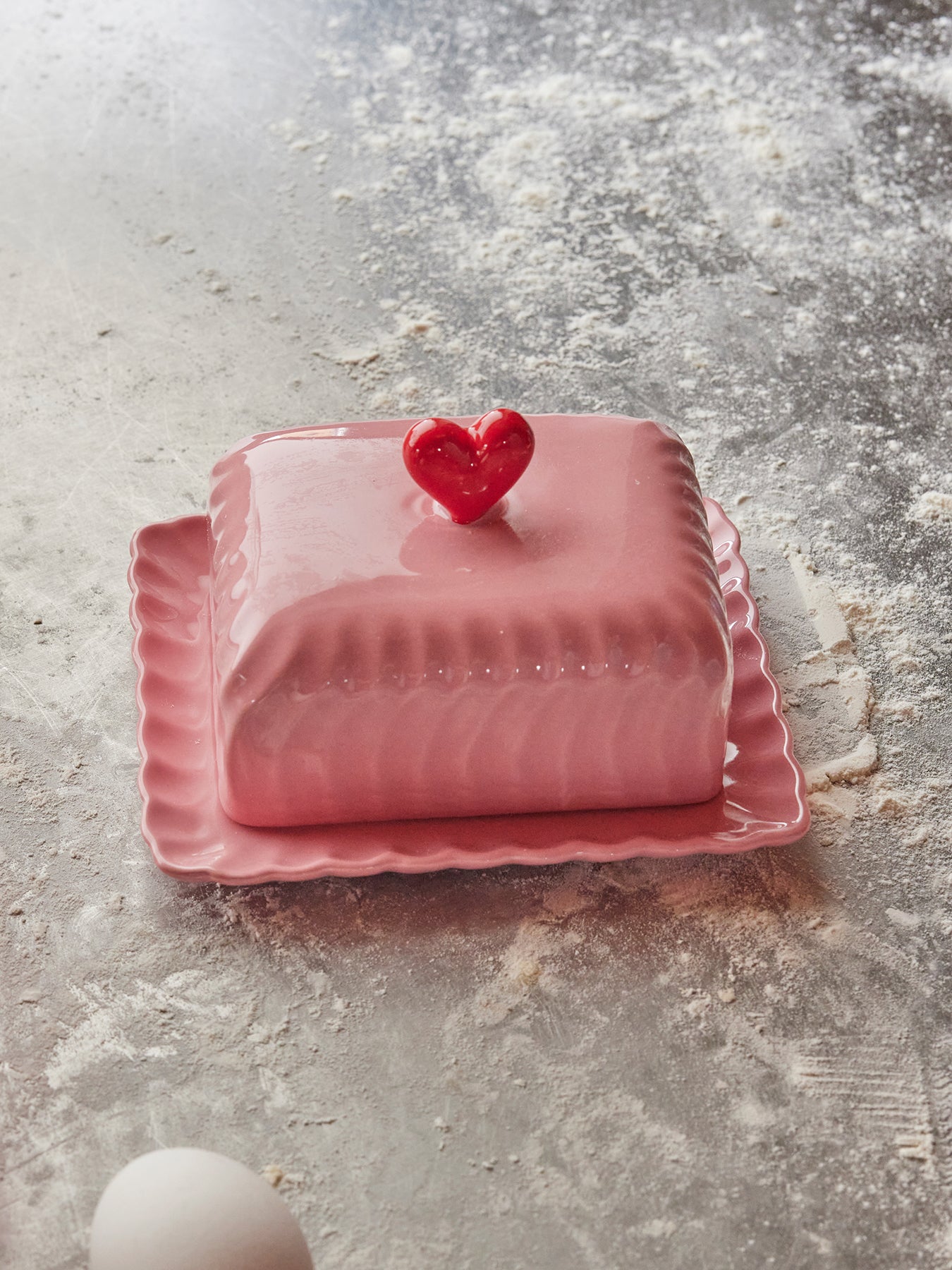 Ceramic Butter Dish with Red Heart Pink