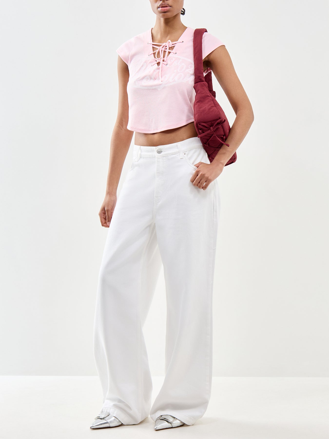 Lace Up Cap Sleeve Rib Top Pink