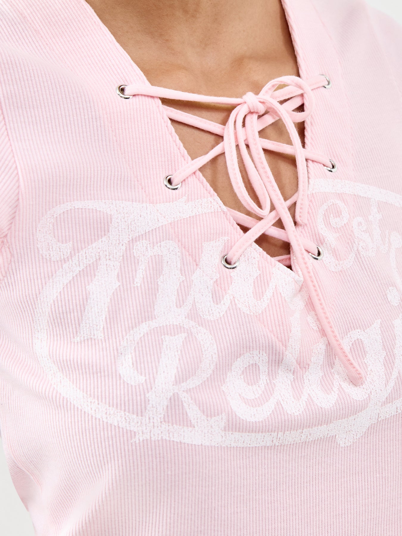 Lace Up Cap Sleeve Rib Top Pink