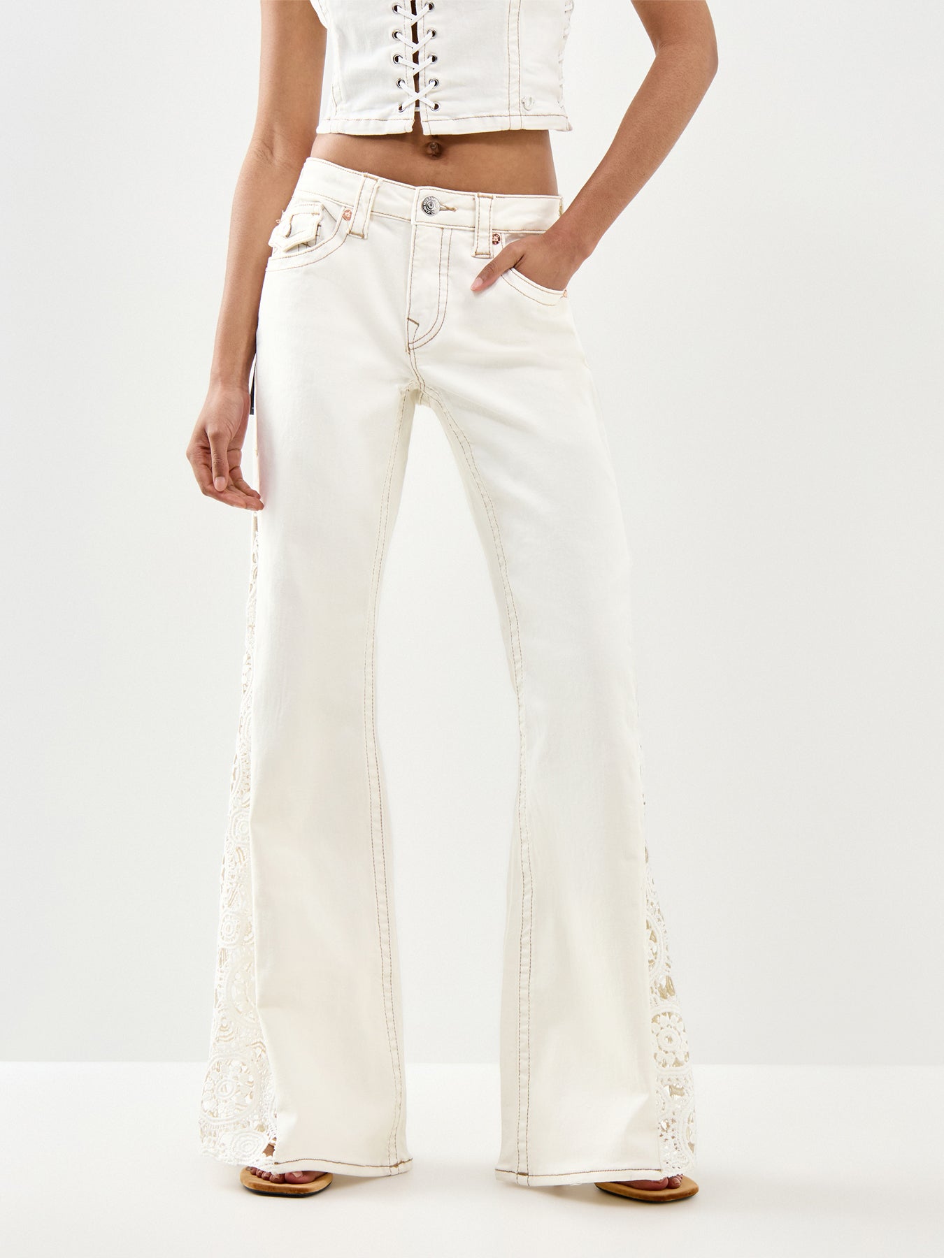 Crochet Mid Rise Flare Flap Jeans White
