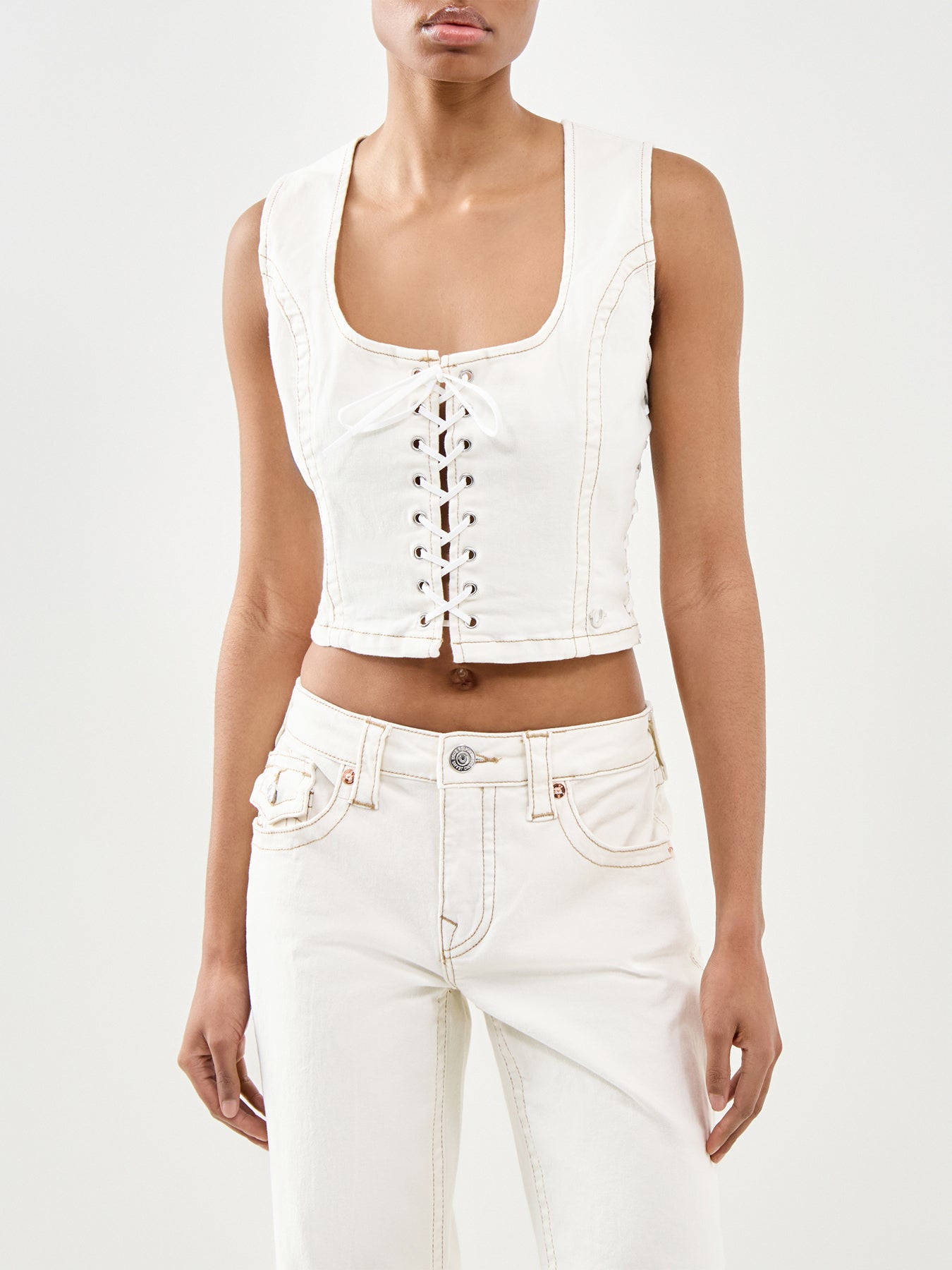 Lace Up Denim Top White