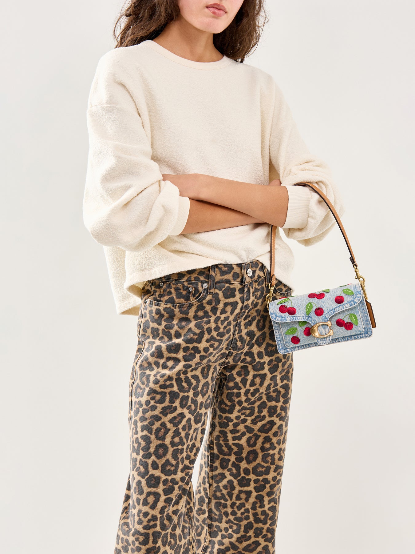 Cherry Embroidered Denim Tabby Shoulder Bag 20
