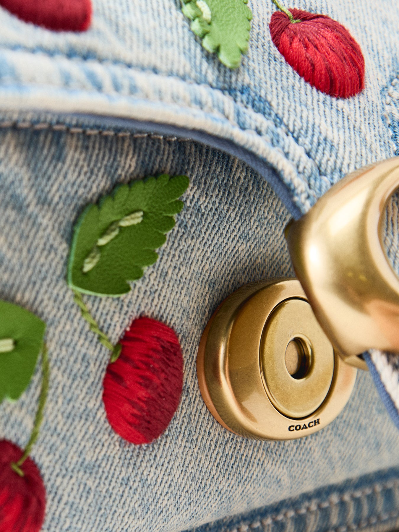 Cherry Embroidered Denim Tabby Shoulder Bag 20