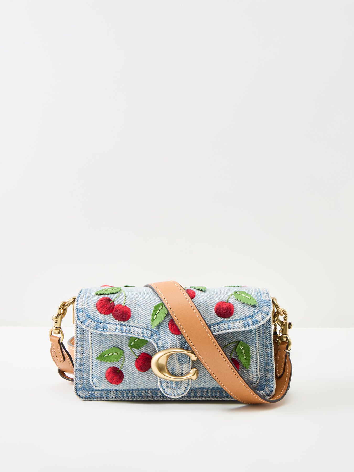 Cherry Embroidered Denim Tabby Shoulder Bag 20