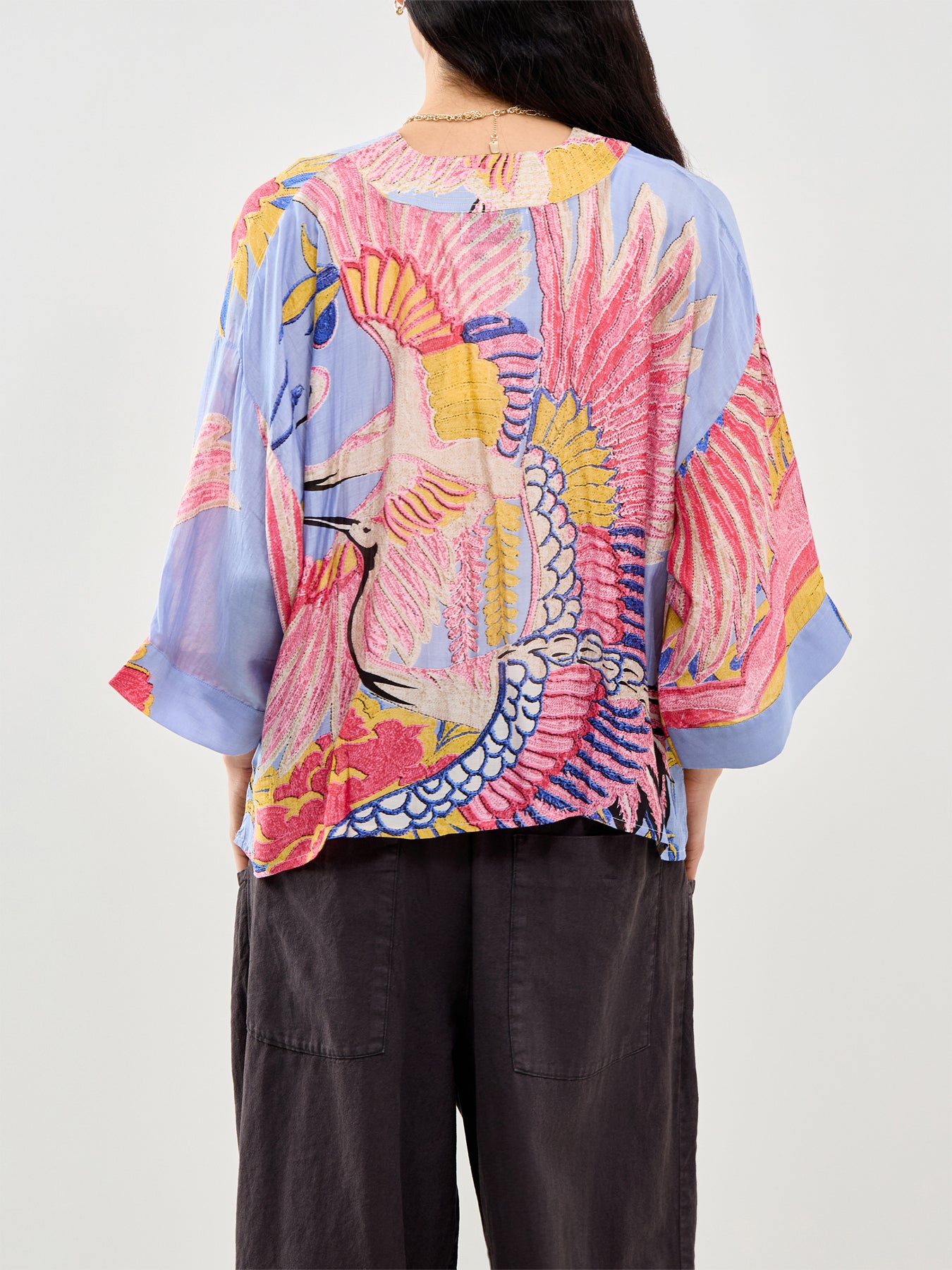 Crane Print Short Kimono Blue