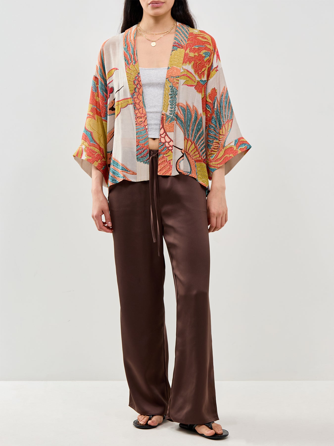Crane Print Short Kimono Grey