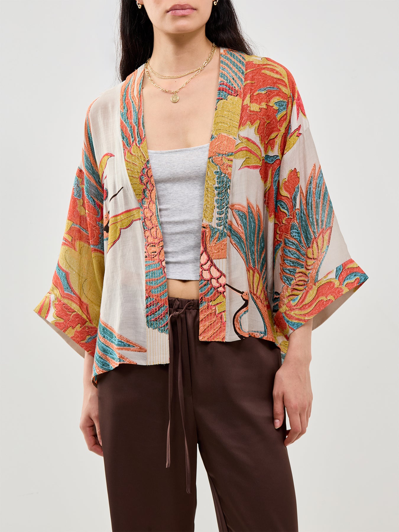 Crane Print Short Kimono Grey