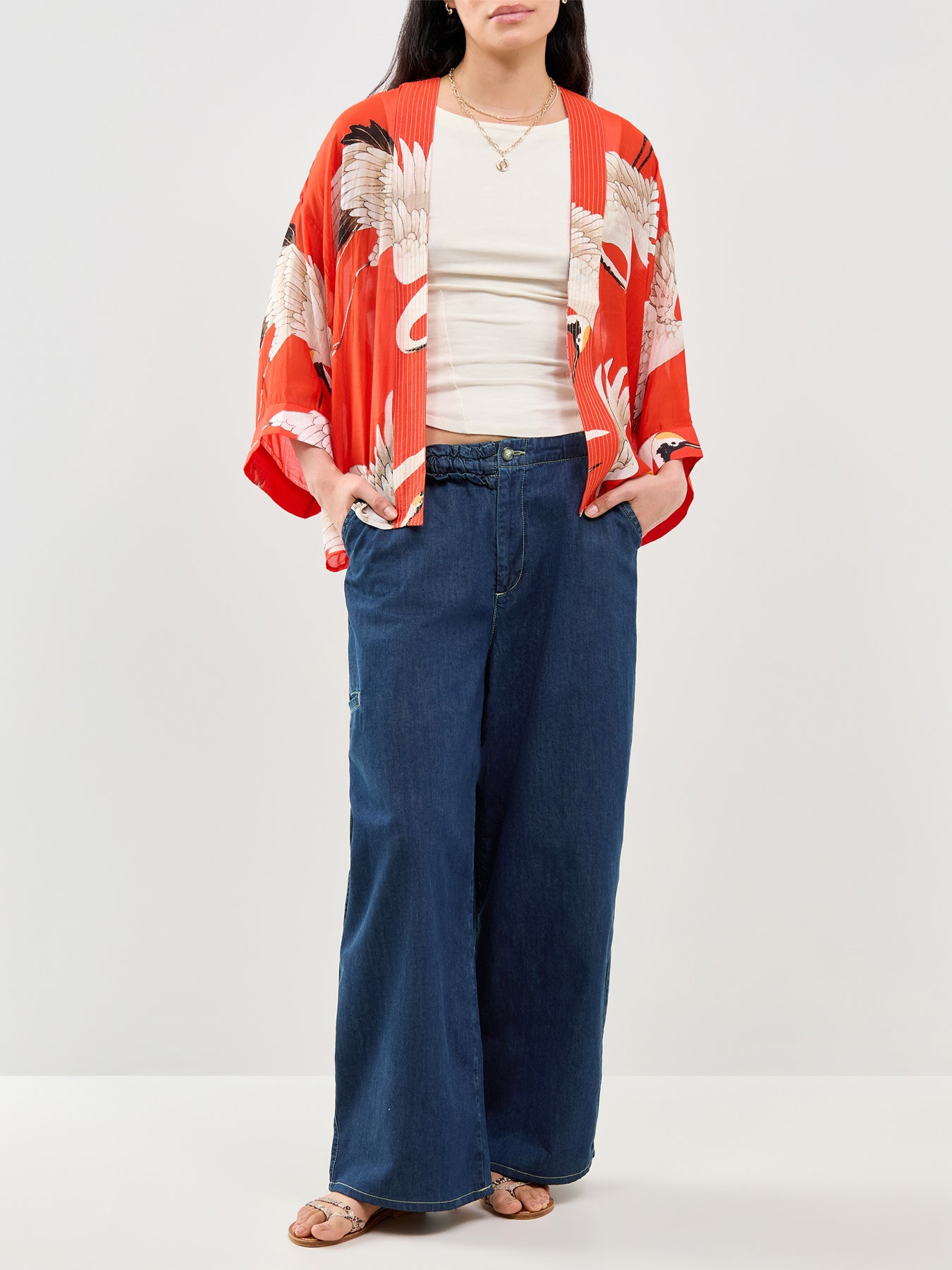 Stork Print Short Kimono Red