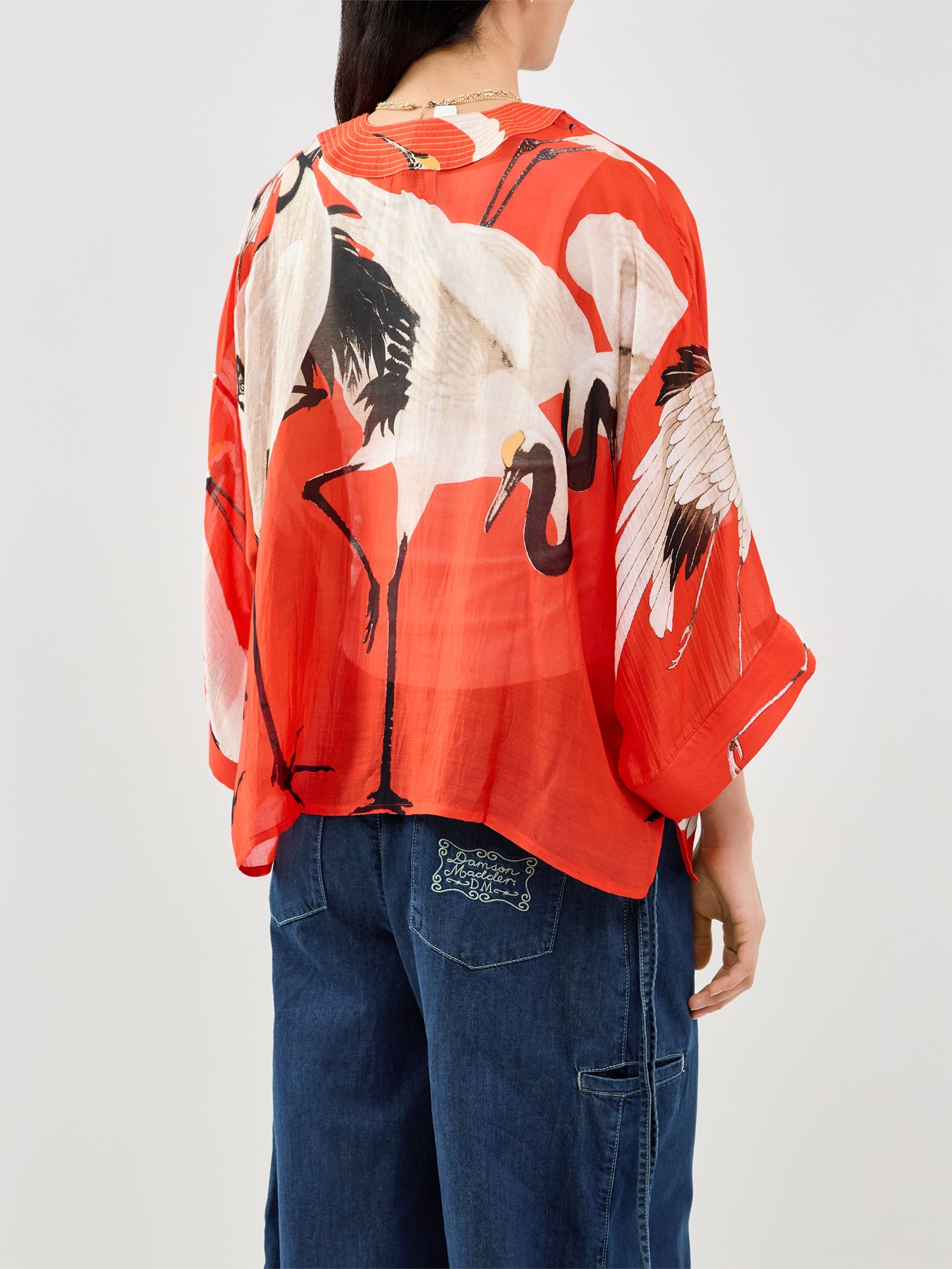 Stork Print Short Kimono Red