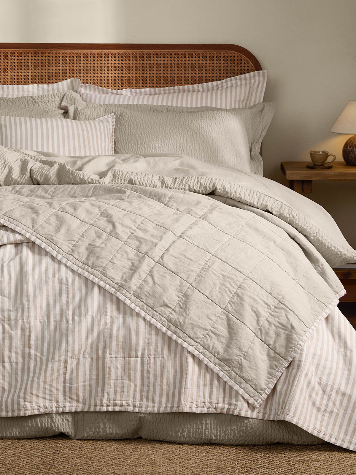 Cotton Hebden Stripe Bedspread 150 x 200cm - Natural / Stone