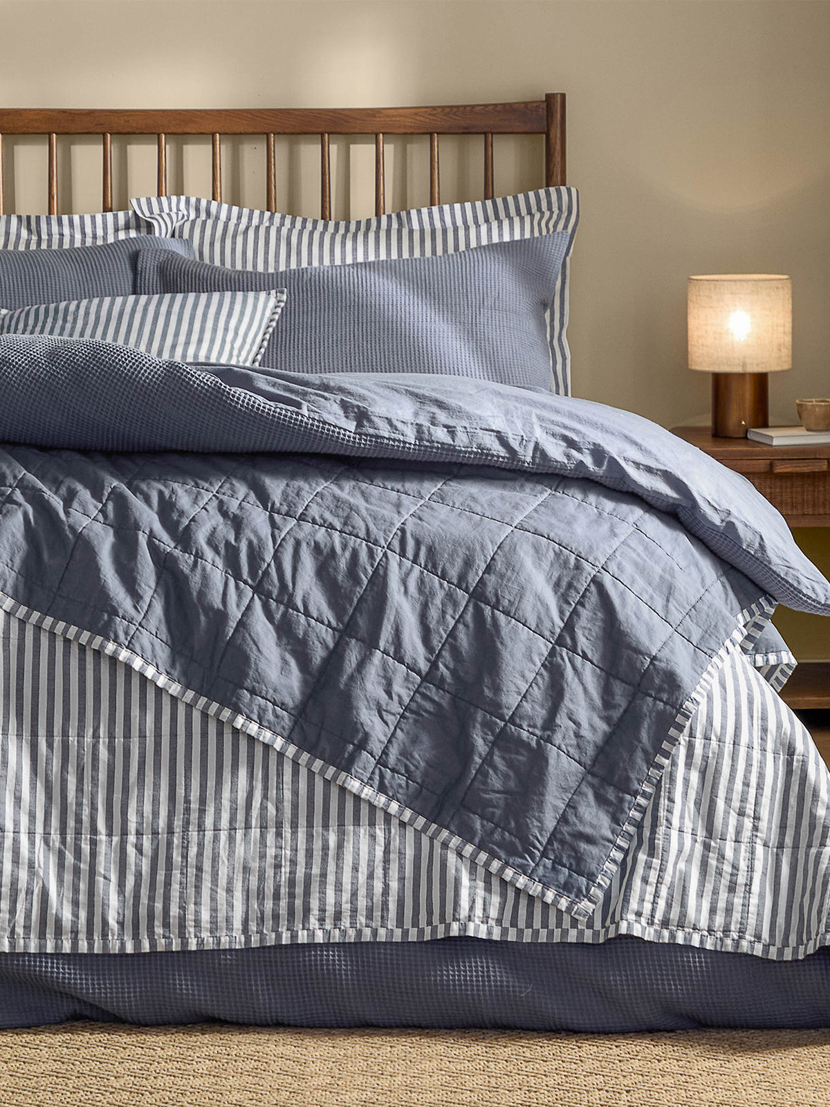 Cotton Hebden Stripe Bedspread 150 x 200cm - Navy / Denim Blue