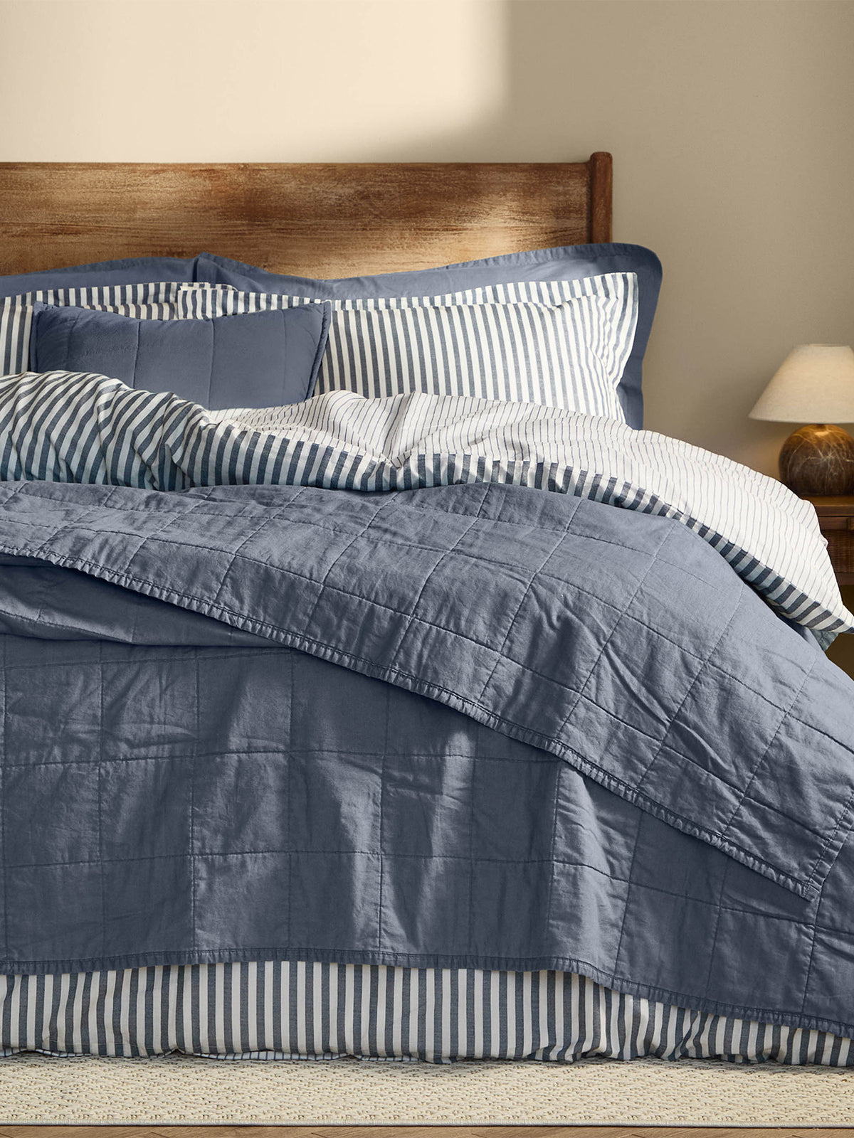 Cotton Hebden Washed Bedspread 150 x 200cm - Denim Blue