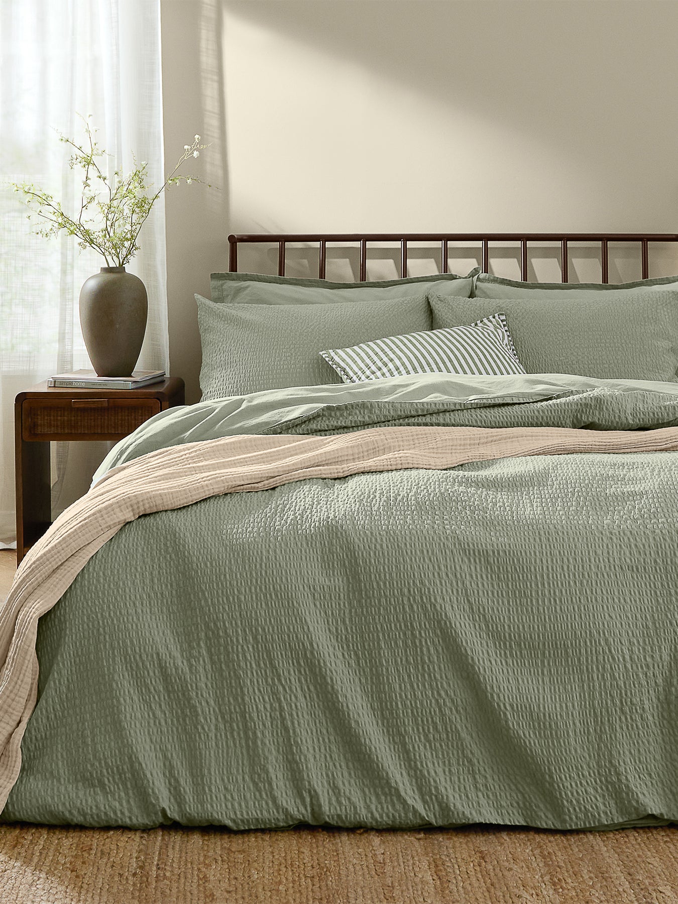 Cotton Hebden Relaxed Seersucker Double Duvet Set - Bay Green