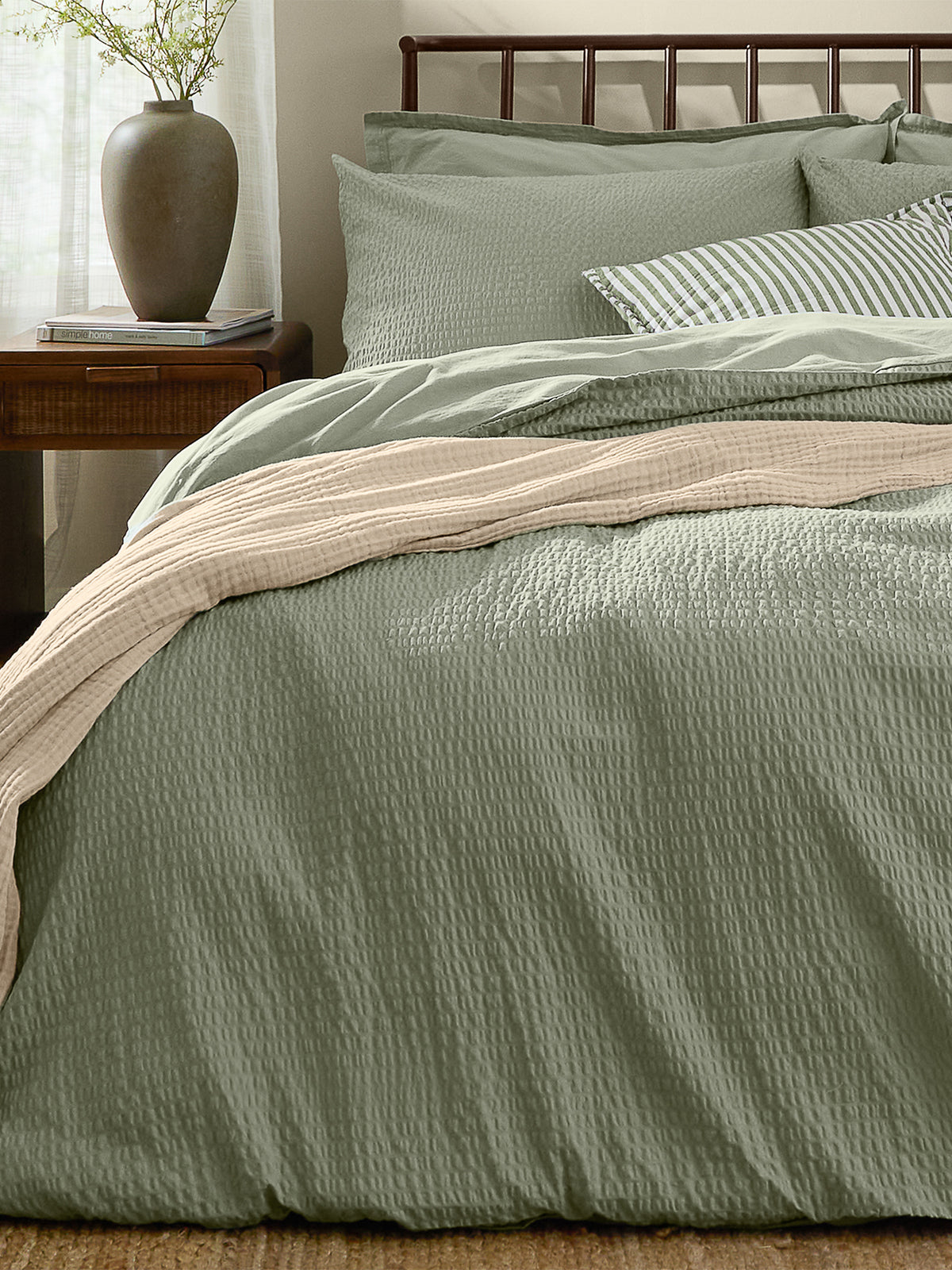 Cotton Hebden Relaxed Seersucker Double Duvet Set - Bay Green