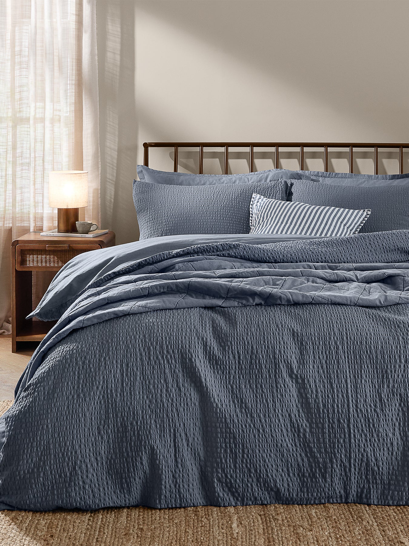 Cotton Hebden Relaxed Seersucker Single Duvet Set - Denim Blue
