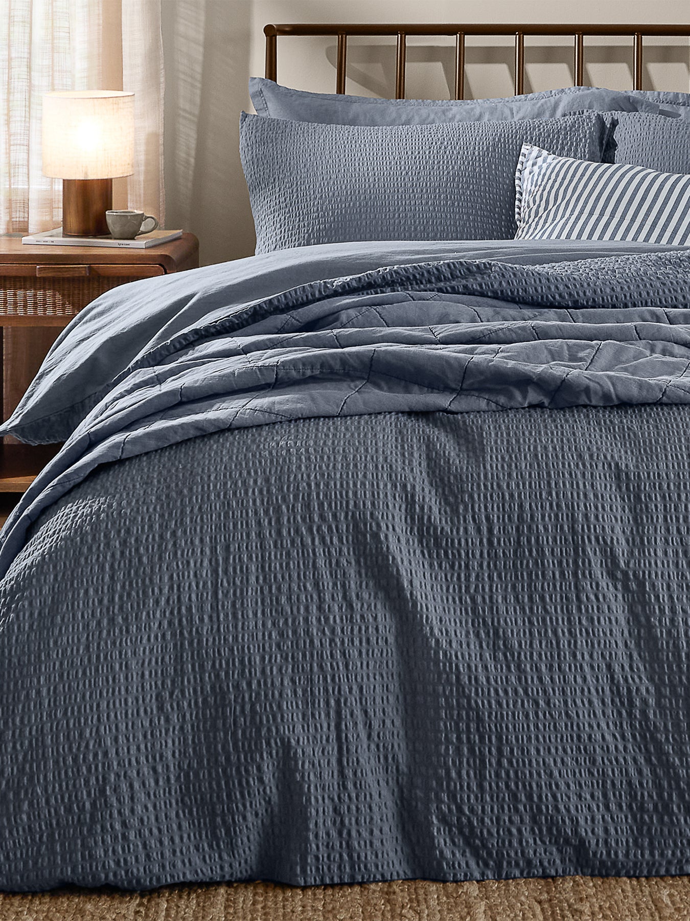 Cotton Hebden Relaxed Seersucker Single Duvet Set - Denim Blue