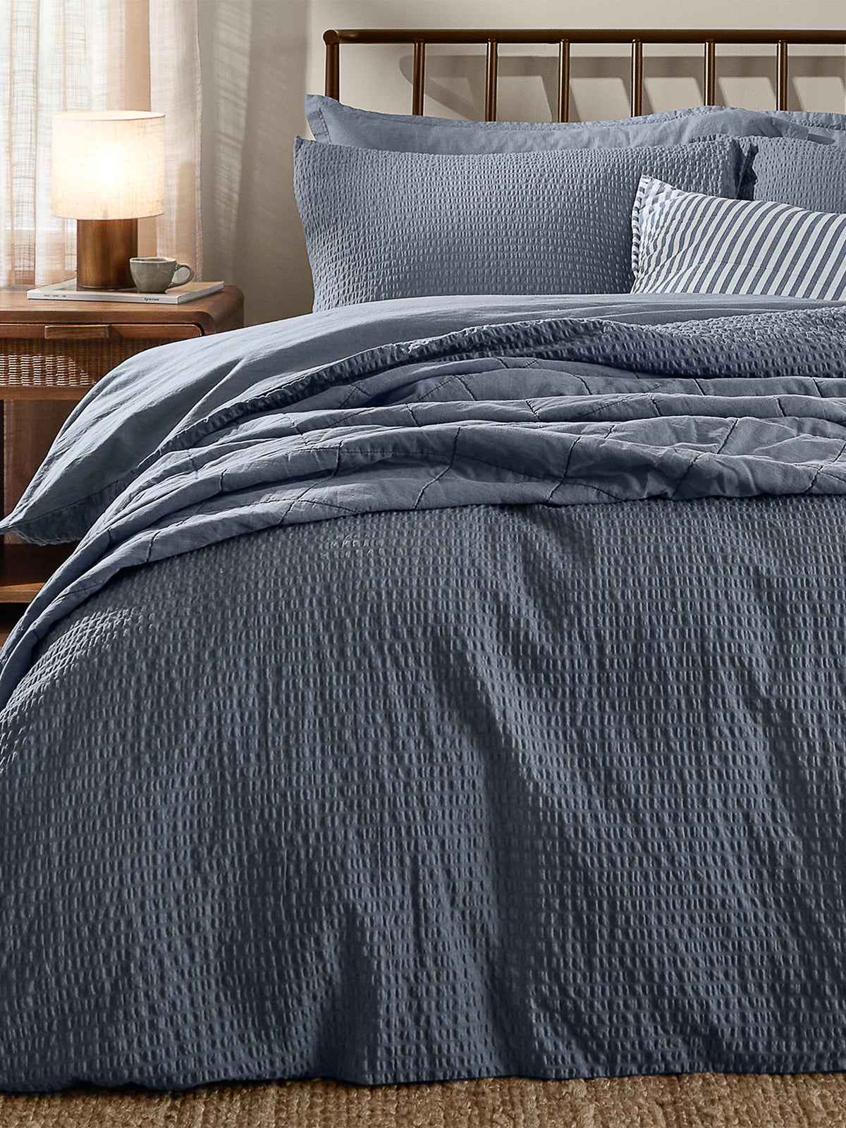 Cotton Hebden Relaxed Seersucker Double Duvet Set - Denim Blue
