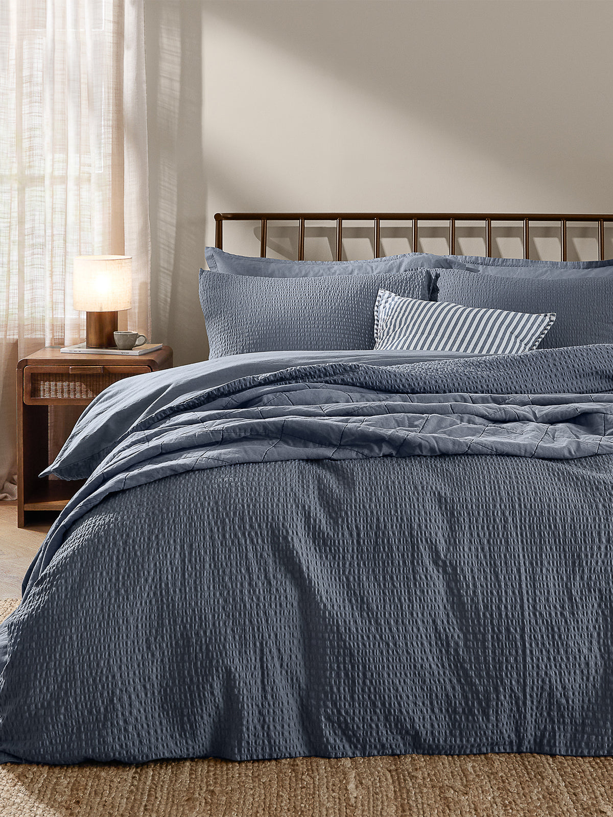 Cotton Hebden Relaxed Seersucker King Duvet Set - Denim Blue