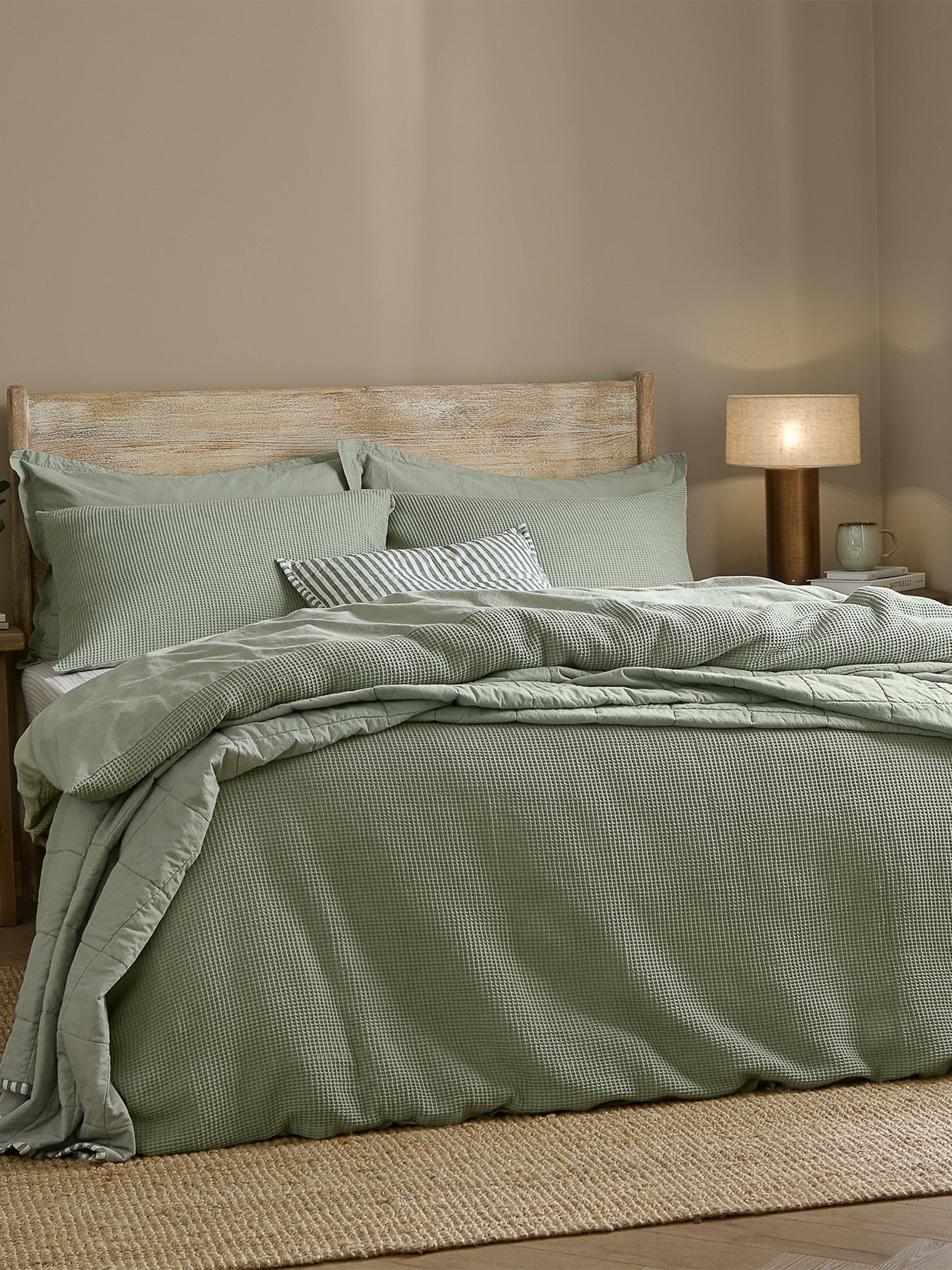 Cotton Hebden Relaxed Waffle Double Duvet Set - Bay Green