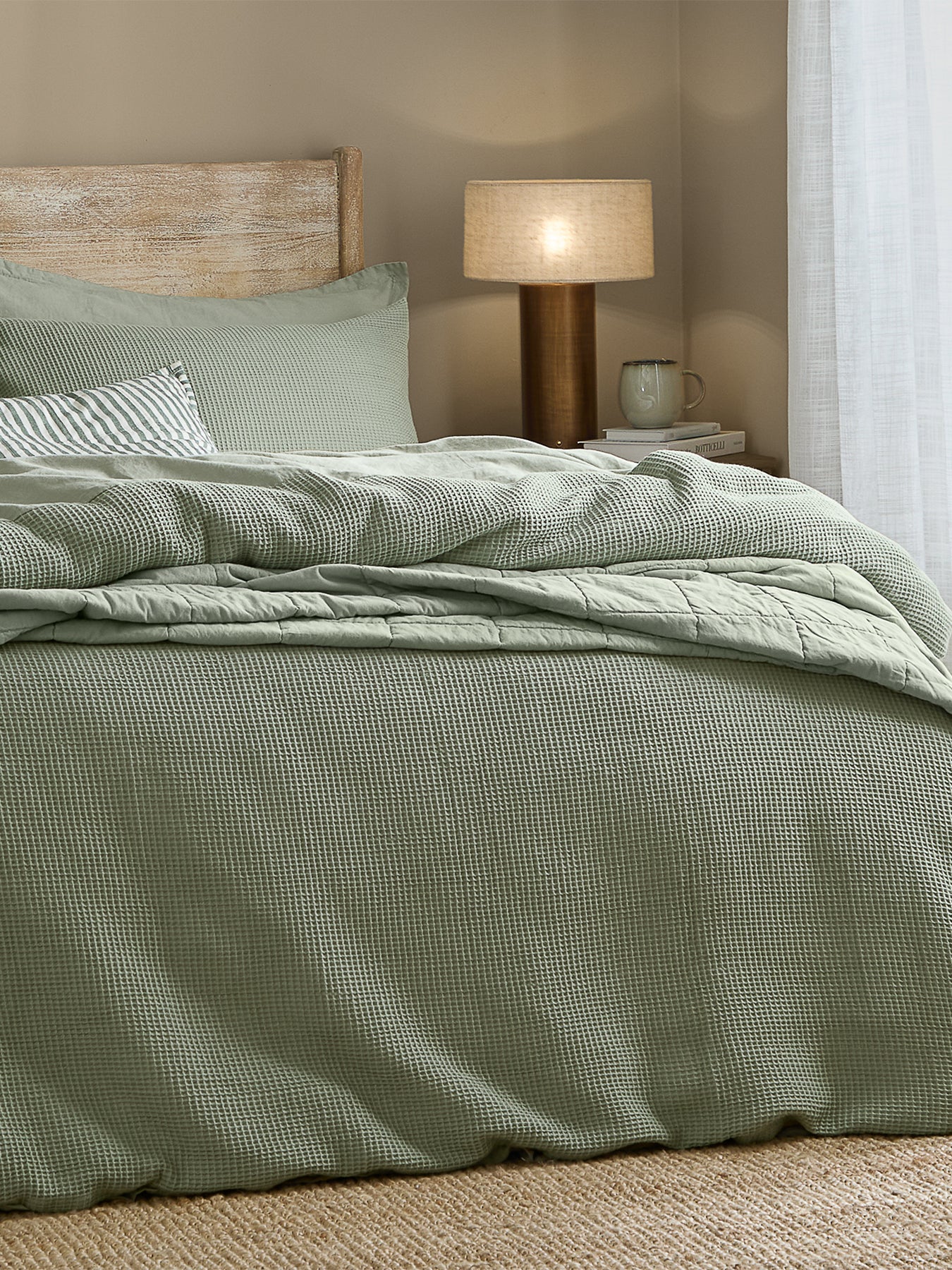 Cotton Hebden Relaxed Waffle Double Duvet Set - Bay Green