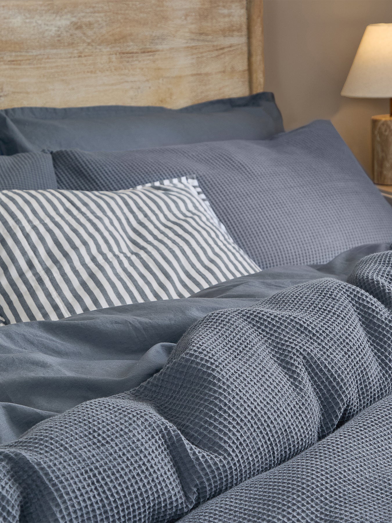 Cotton Hebden Relaxed Waffle Double Duvet Set - Denim Blue