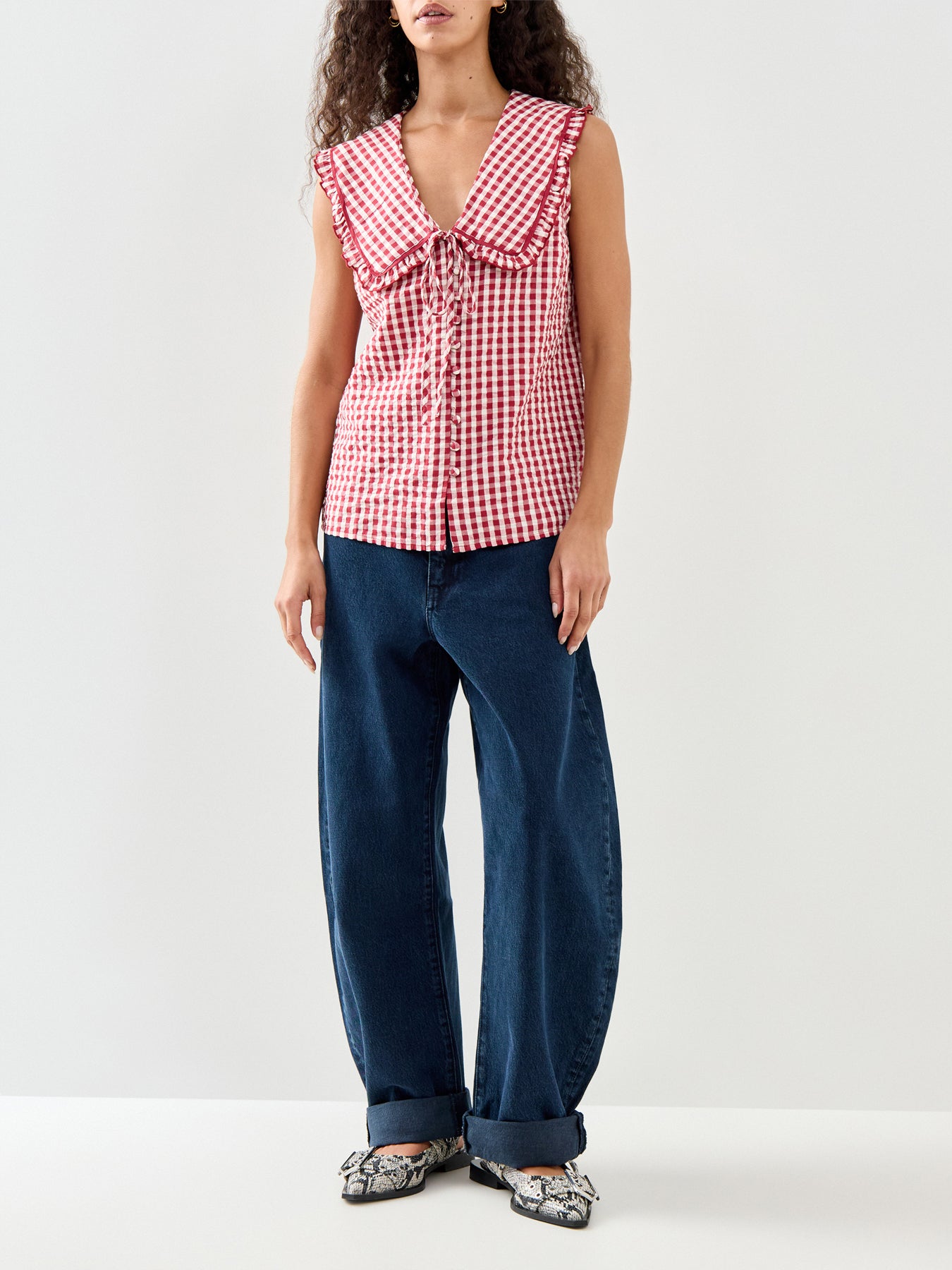 Blair Ruffle Collar Button Through Top Red