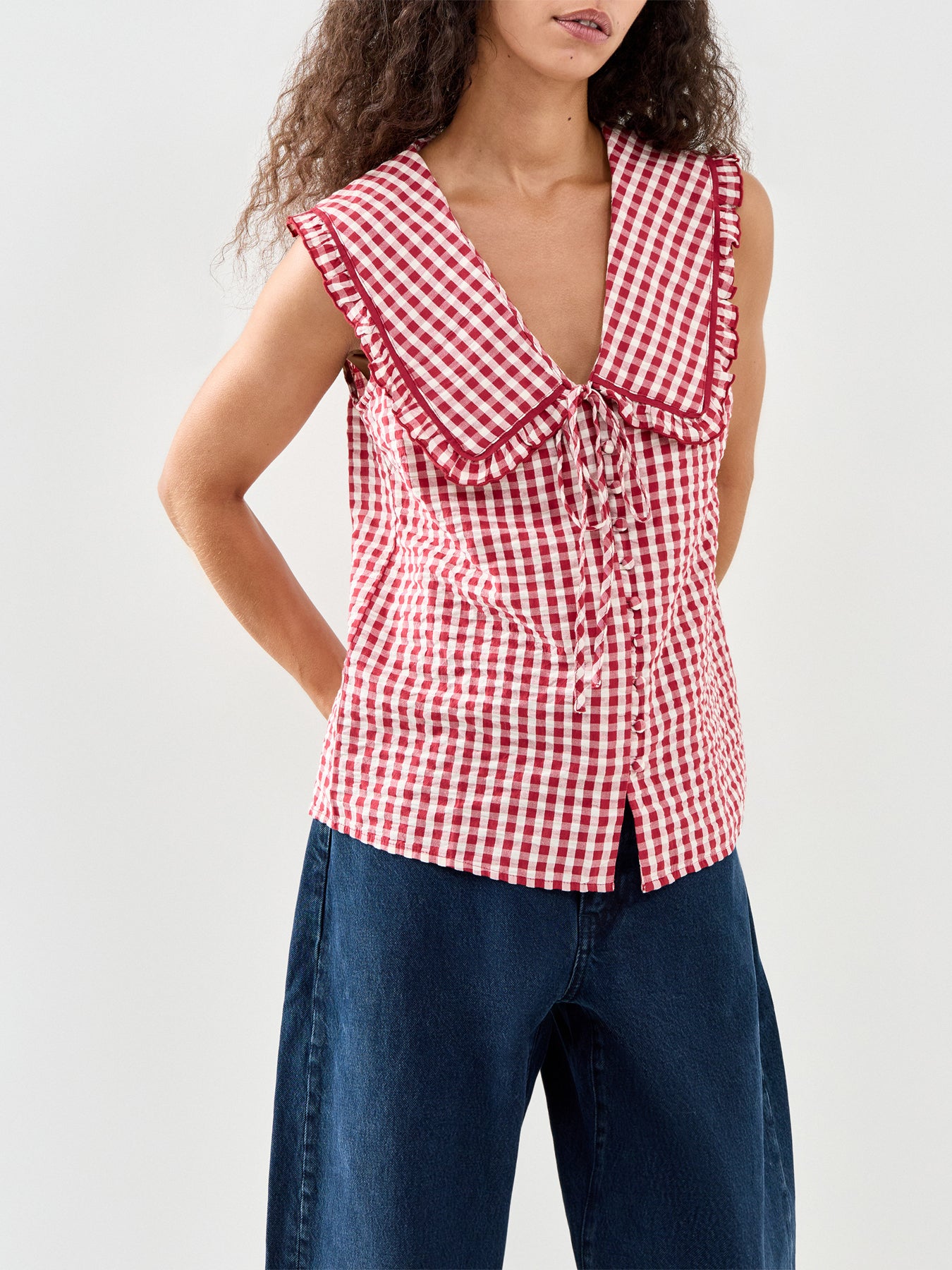 Blair Ruffle Collar Button Through Top Red