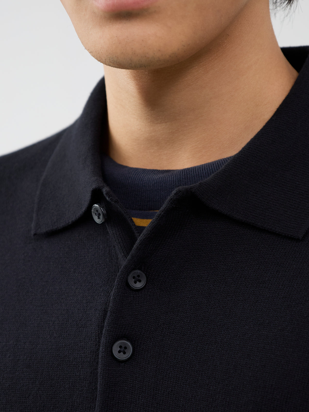 Organic Cotton Knitted Long-Sleeved Polo Shirt - Black