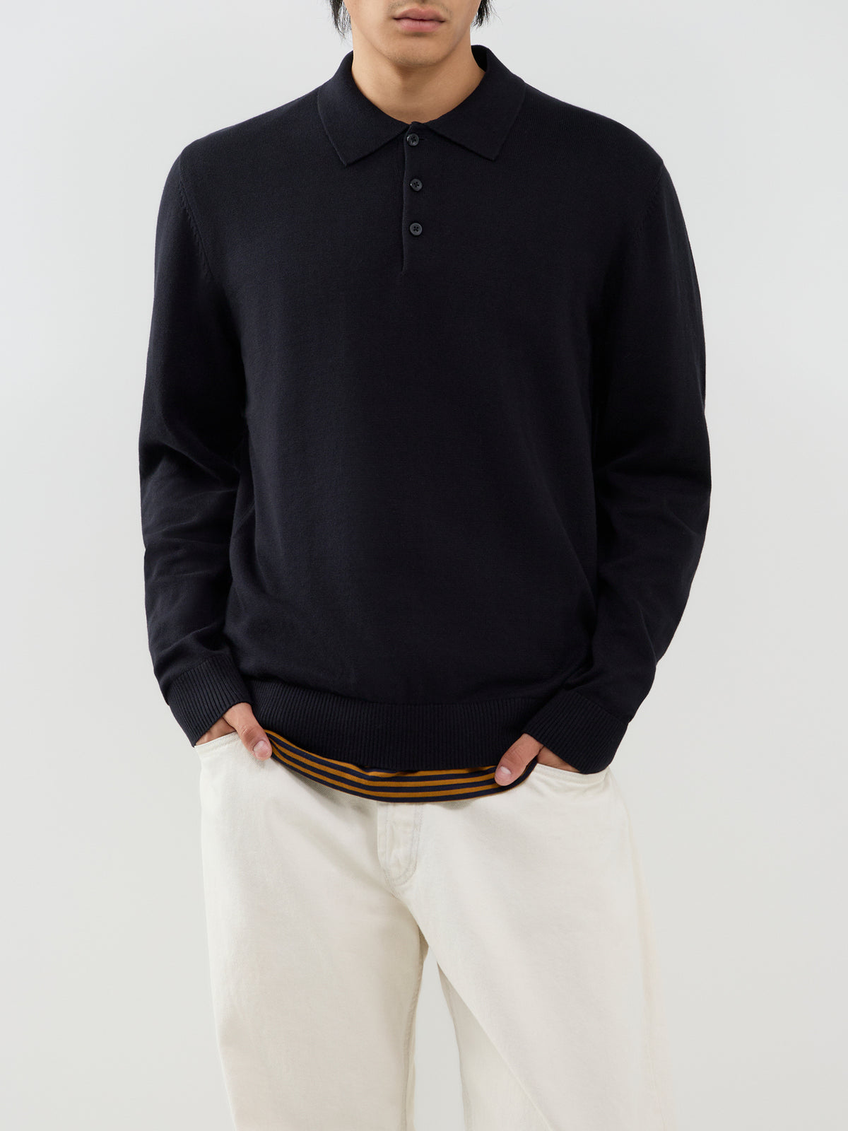 Organic Cotton Knitted Long-Sleeved Polo Shirt - Black