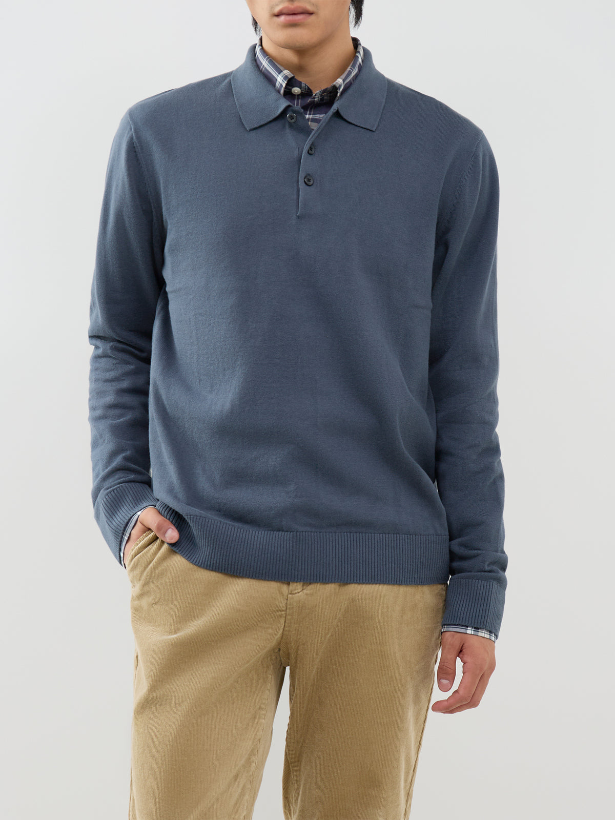 Organic Cotton Knitted Long-Sleeved Polo Shirt - Turbulence