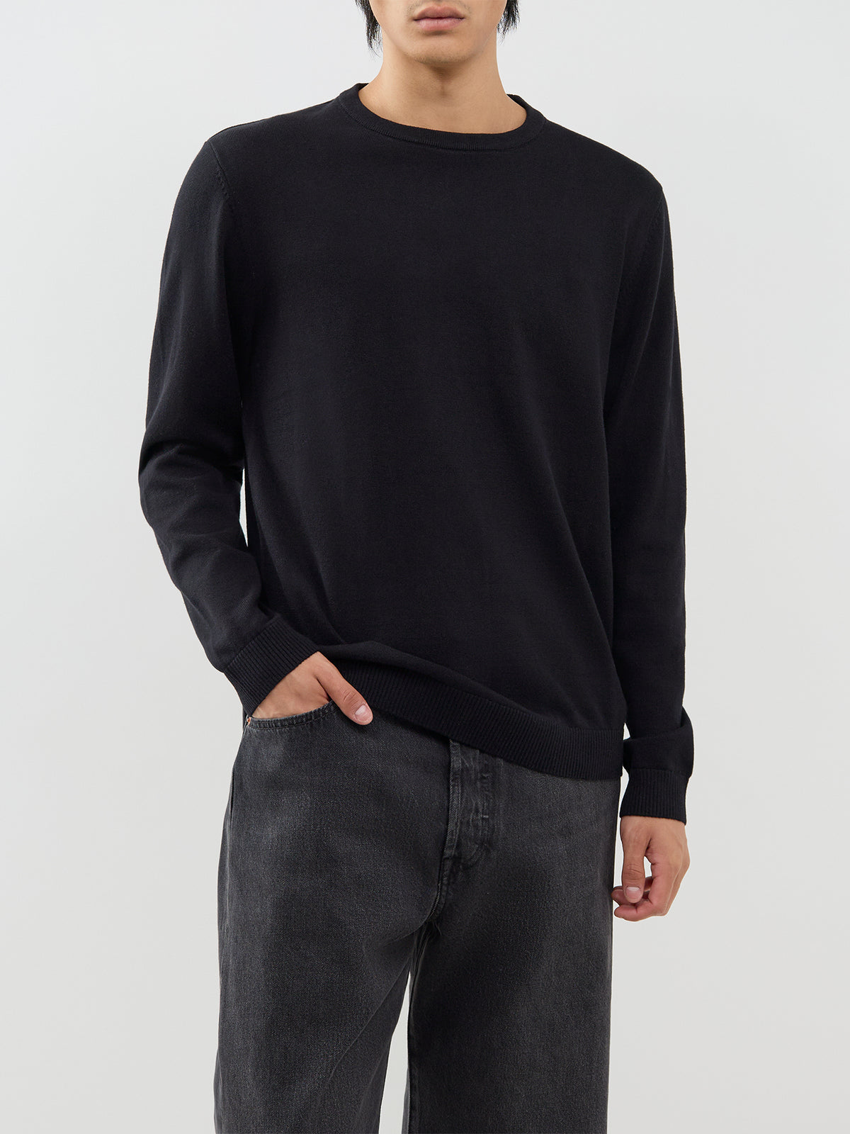 Organic Cotton Knitted Crew Neck Jumper - Black
