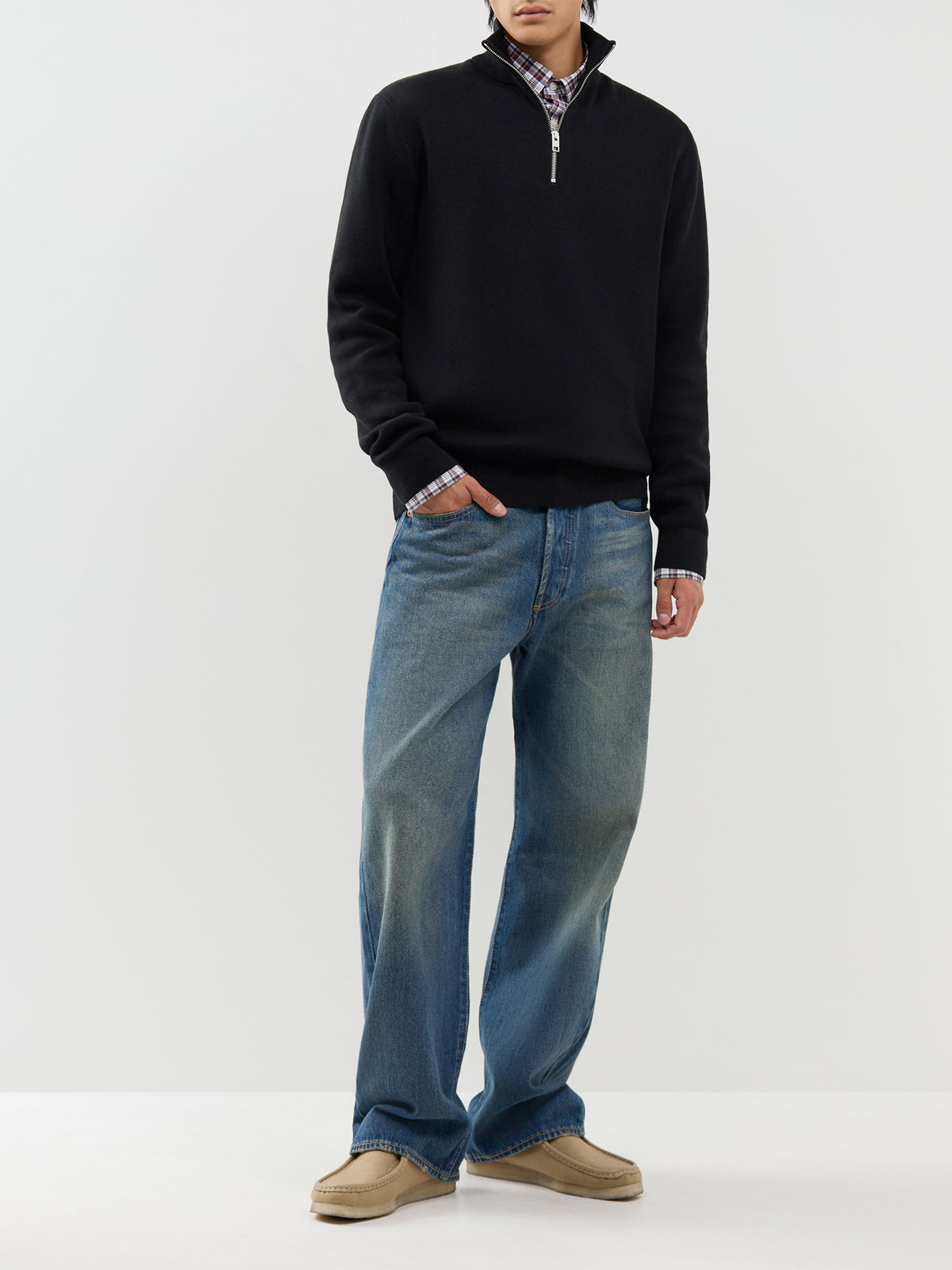 Organic Cotton Milano Stitch Half-Zip Jumper - Black