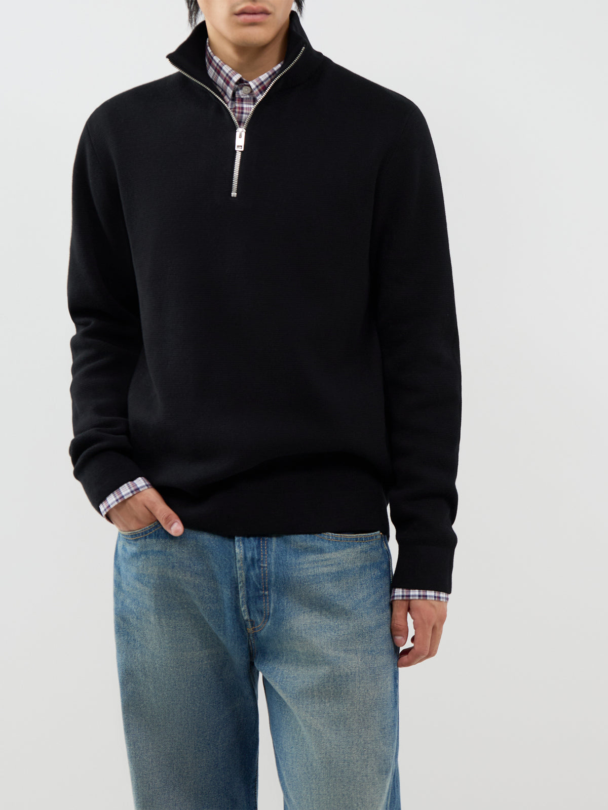 Organic Cotton Milano Stitch Half-Zip Jumper - Black