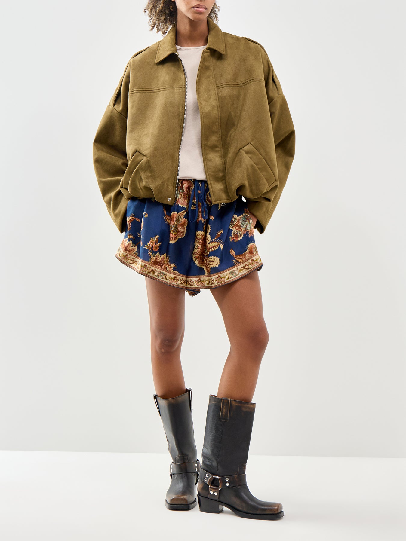 Faux Suede Bomber Jacket Olive