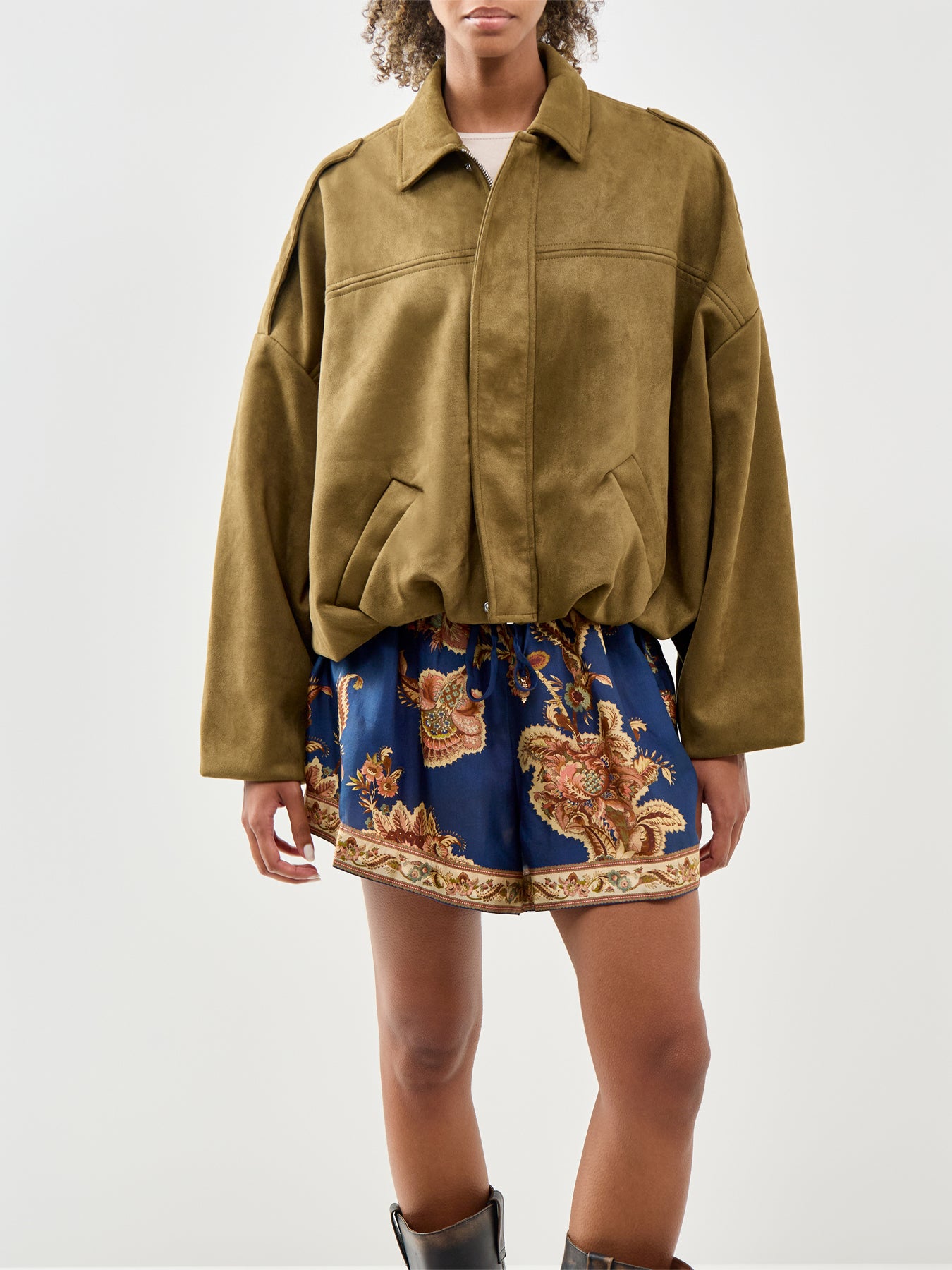 Faux Suede Bomber Jacket Olive