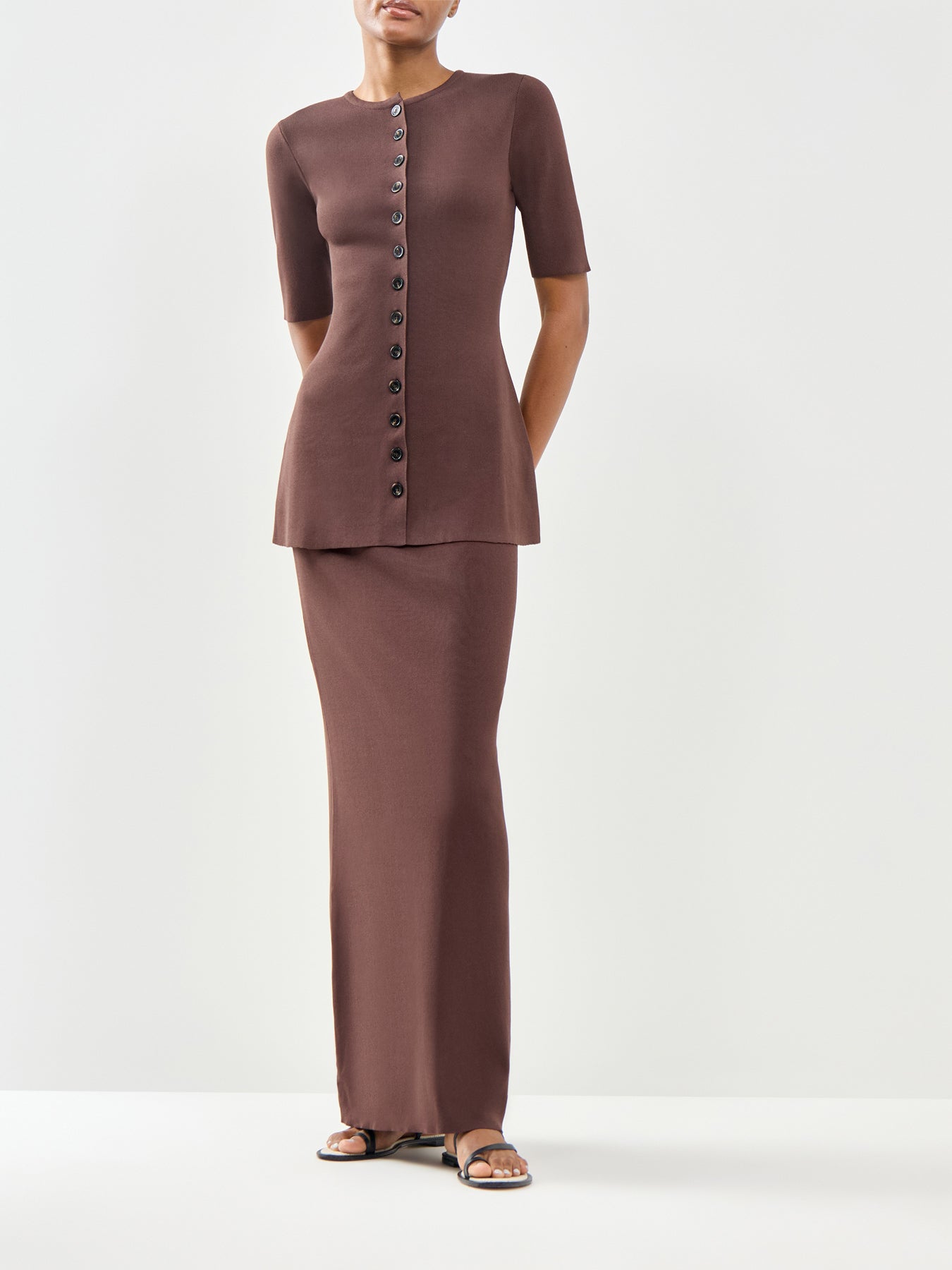 Lilah Longline Knit Short Sleeve Cardigan Brown
