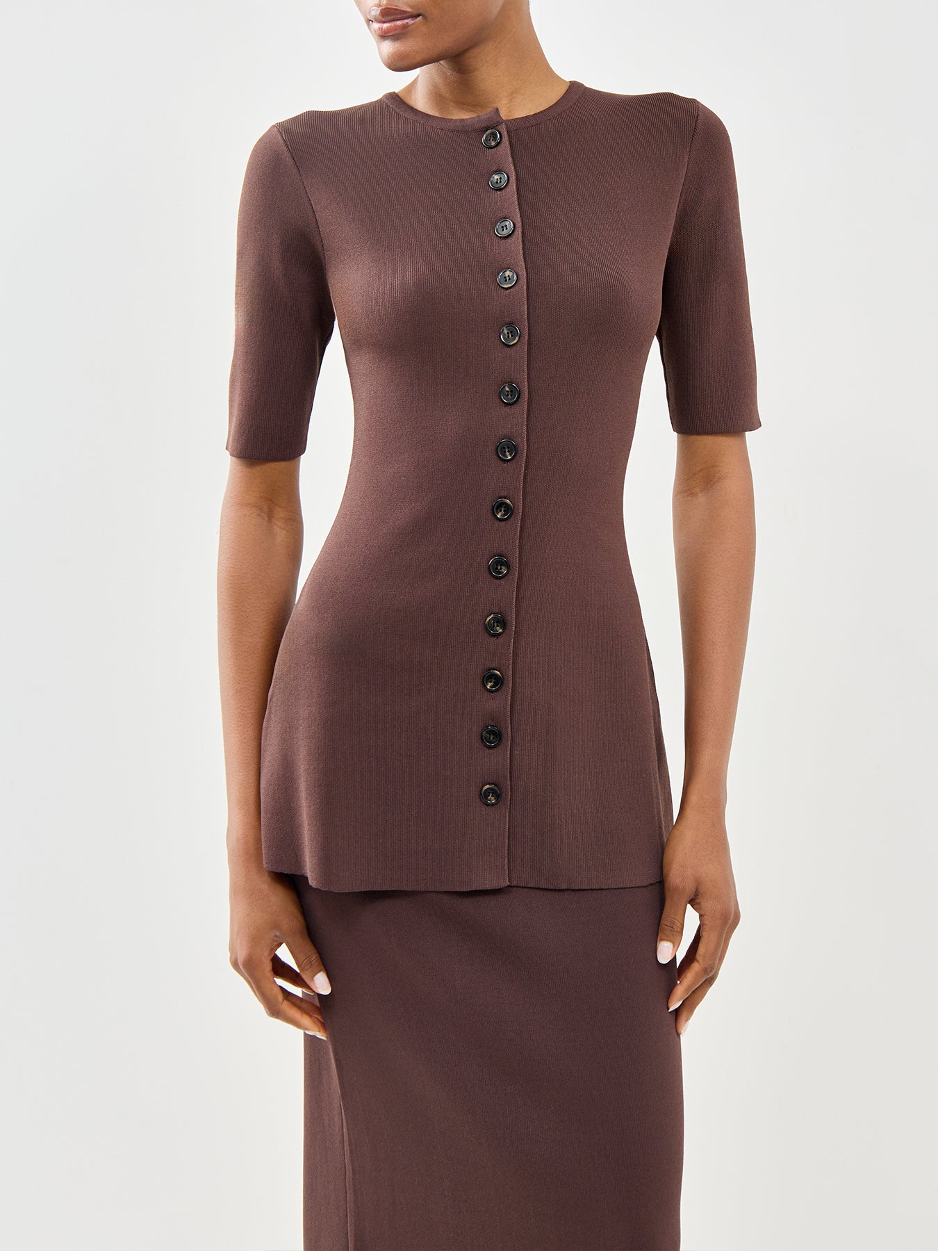 Lilah Longline Knit Short Sleeve Cardigan Brown