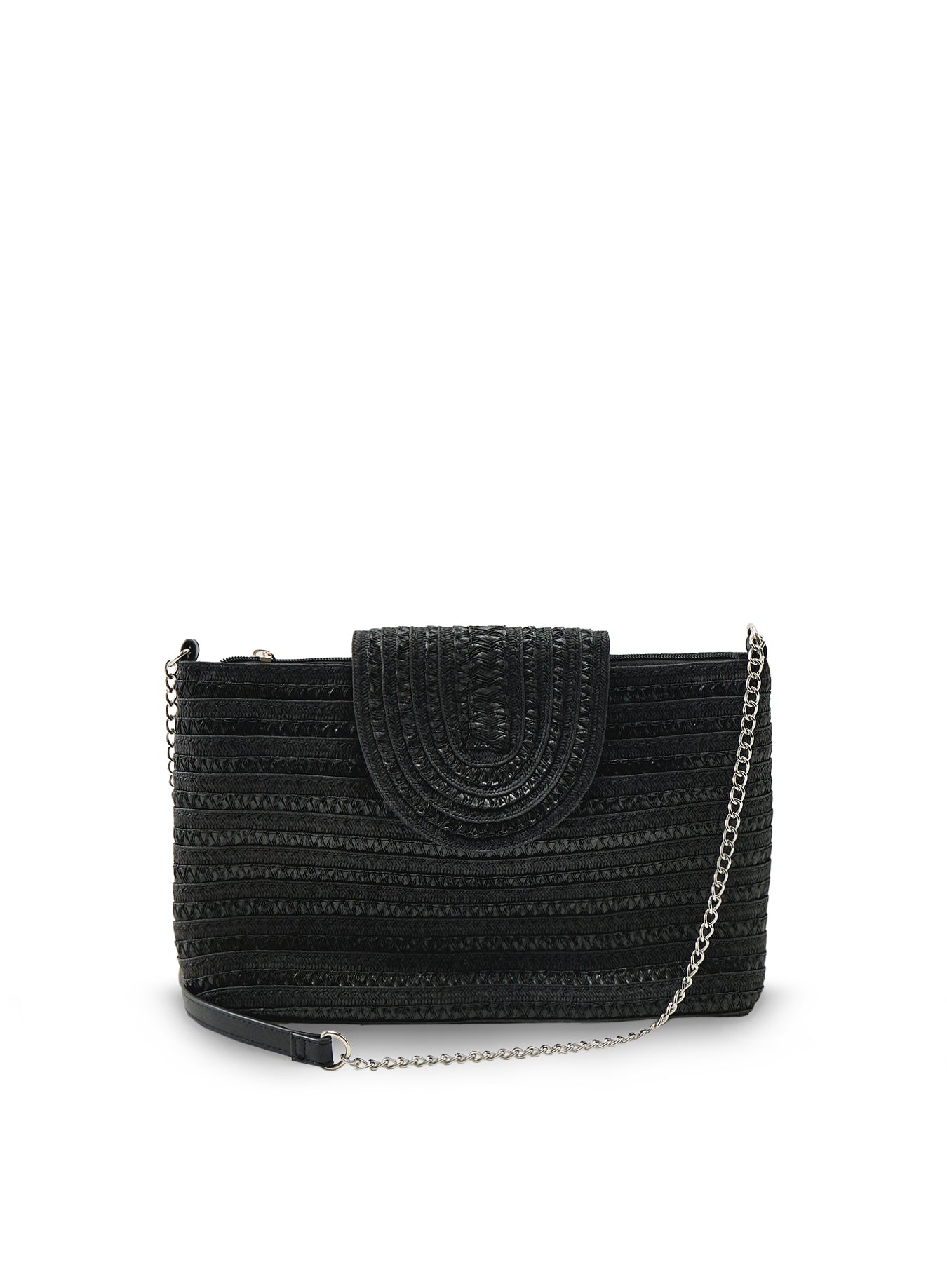 Straw Crossbody Flap Bag Black