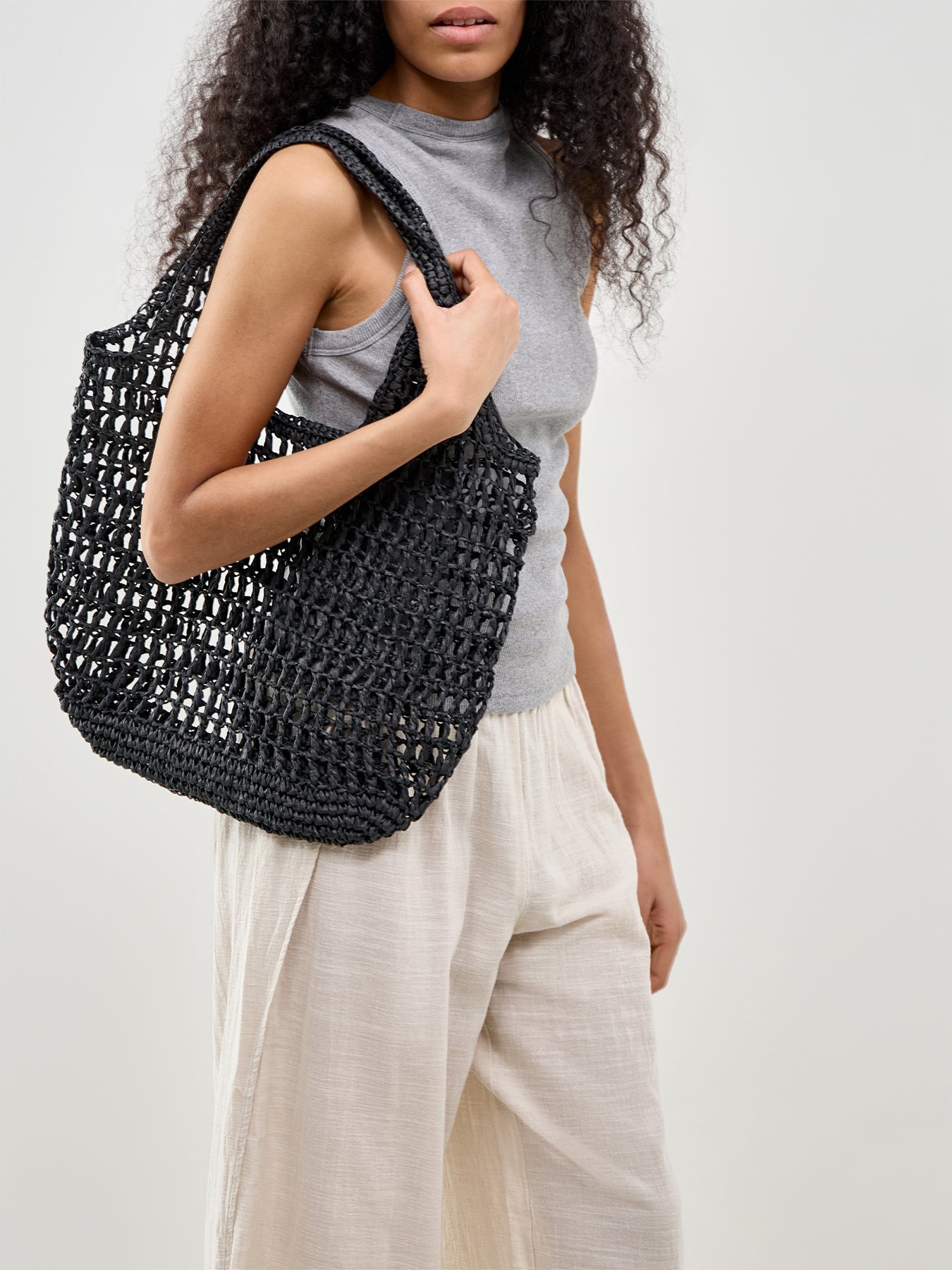Kamille Straw Shopper Tote Bag Black