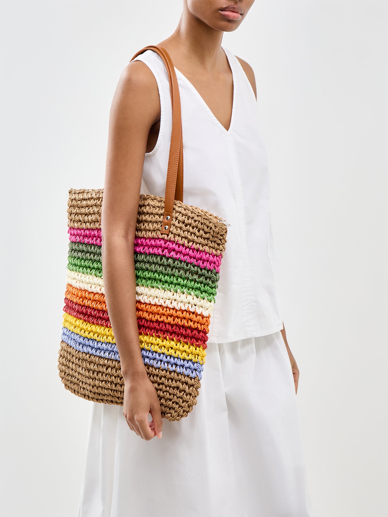 Pckiki Printed Straw Shopper Tote Bag Striped