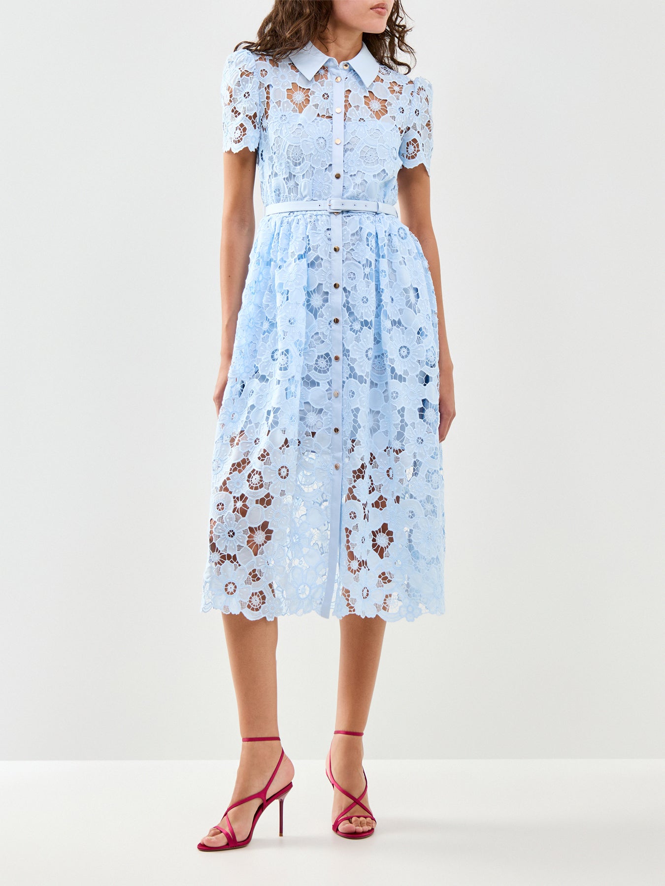 Lace Collared Midi Shirt Dress Blue